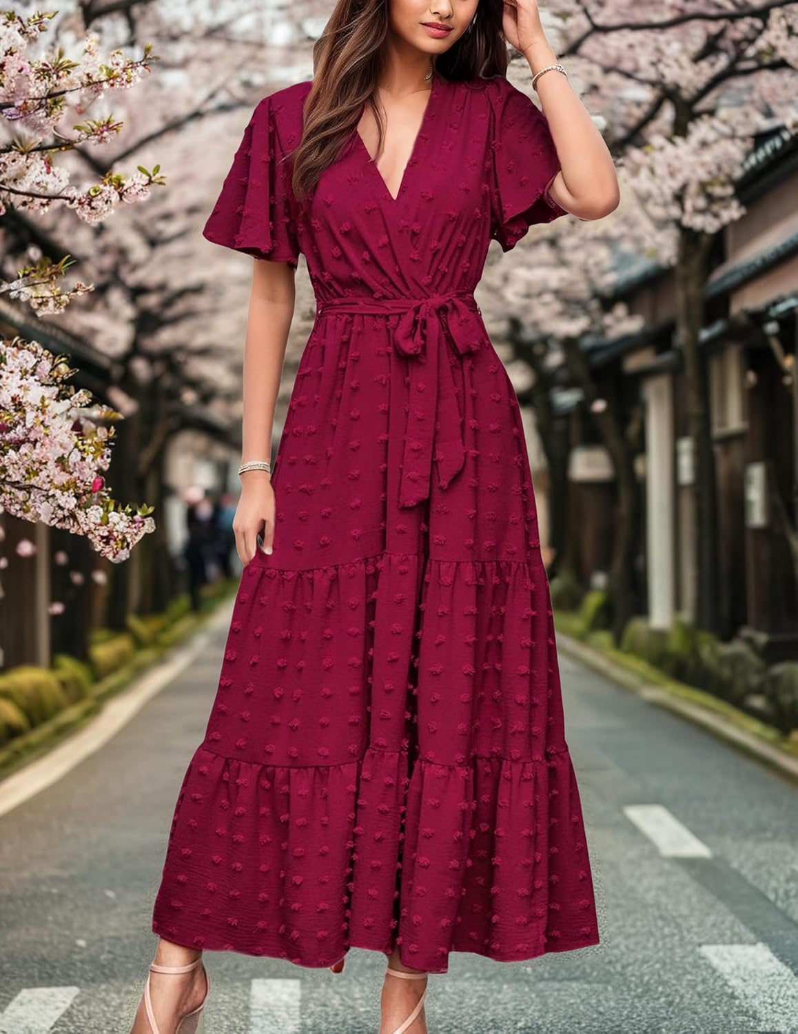 GOLDSTITCH Women's 2025 Summer Wrap V Neck Dress Short Sleeve Swiss Dot Boho Ruffle Slit Beach Party Flowy Long Maxi Dresses - Image 3