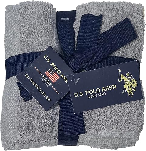 U.S. Polo Assn. Juego de 6 paños de lavado facial, toallas suaves 100% algodón, 12 x 12 pulgadas, toallas de limpieza facial, color gris