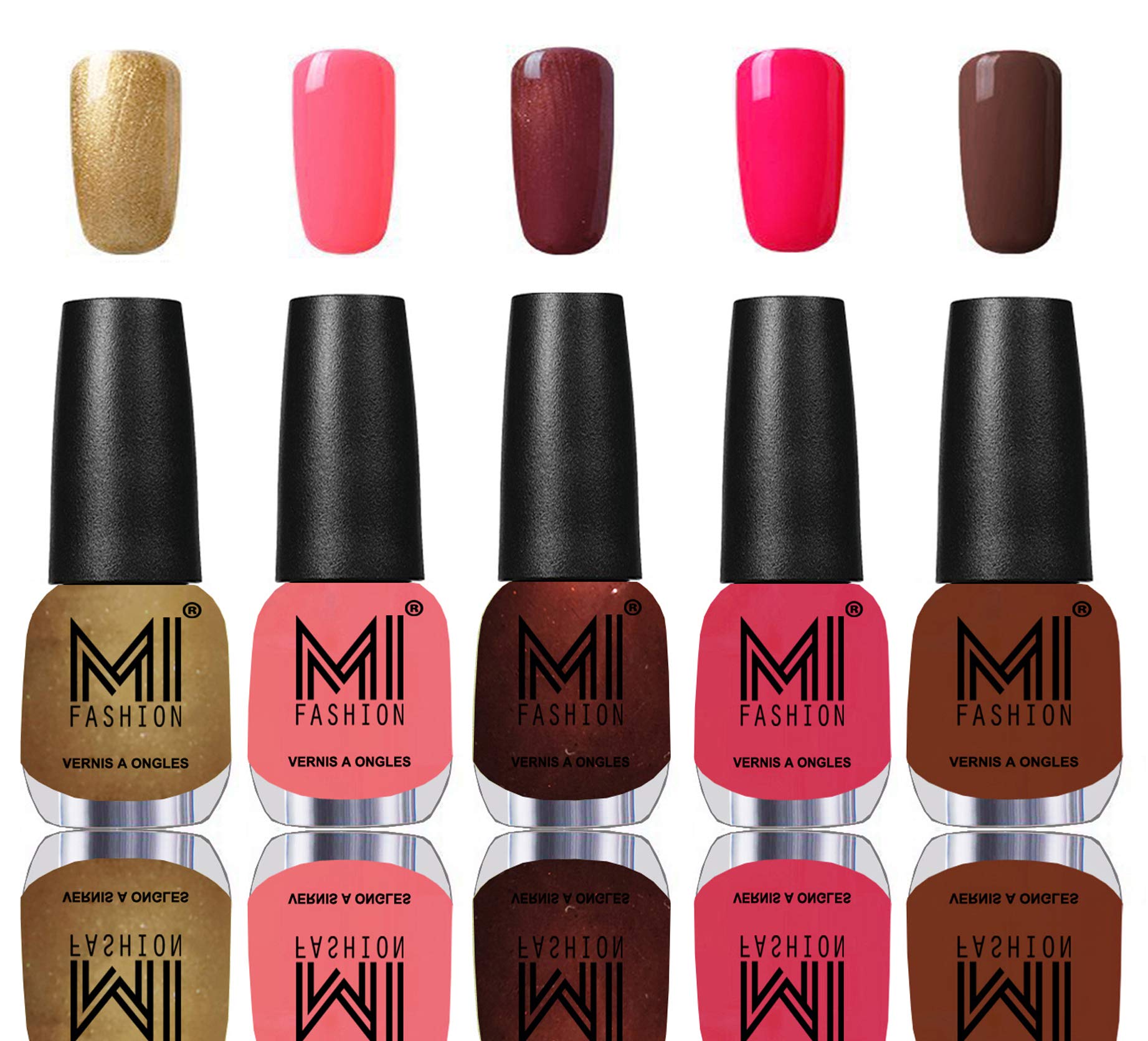 MI Fashion� Ultimate Quality 7 Days Lasting Nail Polish Combo - Delightfully Golden,Pink mania,Metallic Maroon,Neon Pink and Olive Brown-image-48