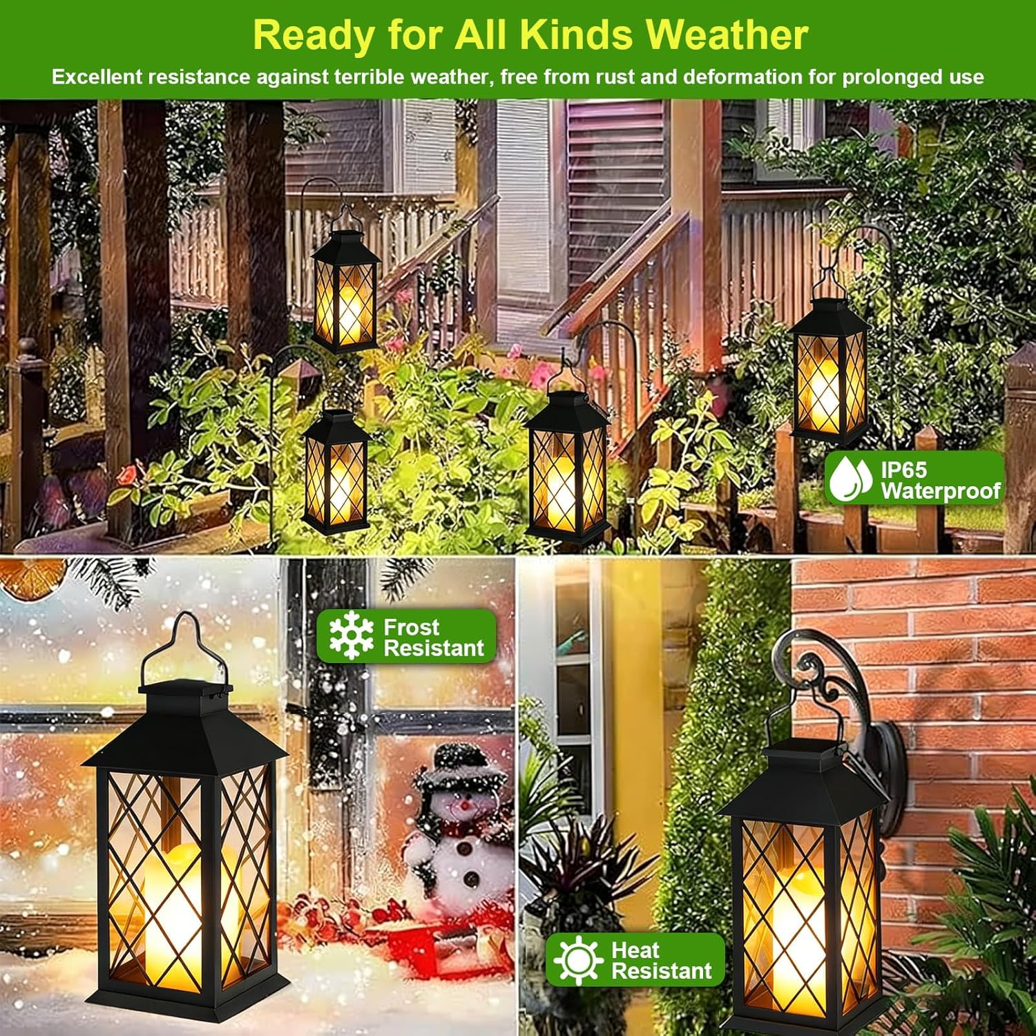2 Pack Large Tempered Glass Solar Lanterns Outdoor Waterproof, Hanging Solar Lights with Flickering Flameless Candles, Solar Lantern for Wall Porch Patio Table Garden Yard Decoration (Black)