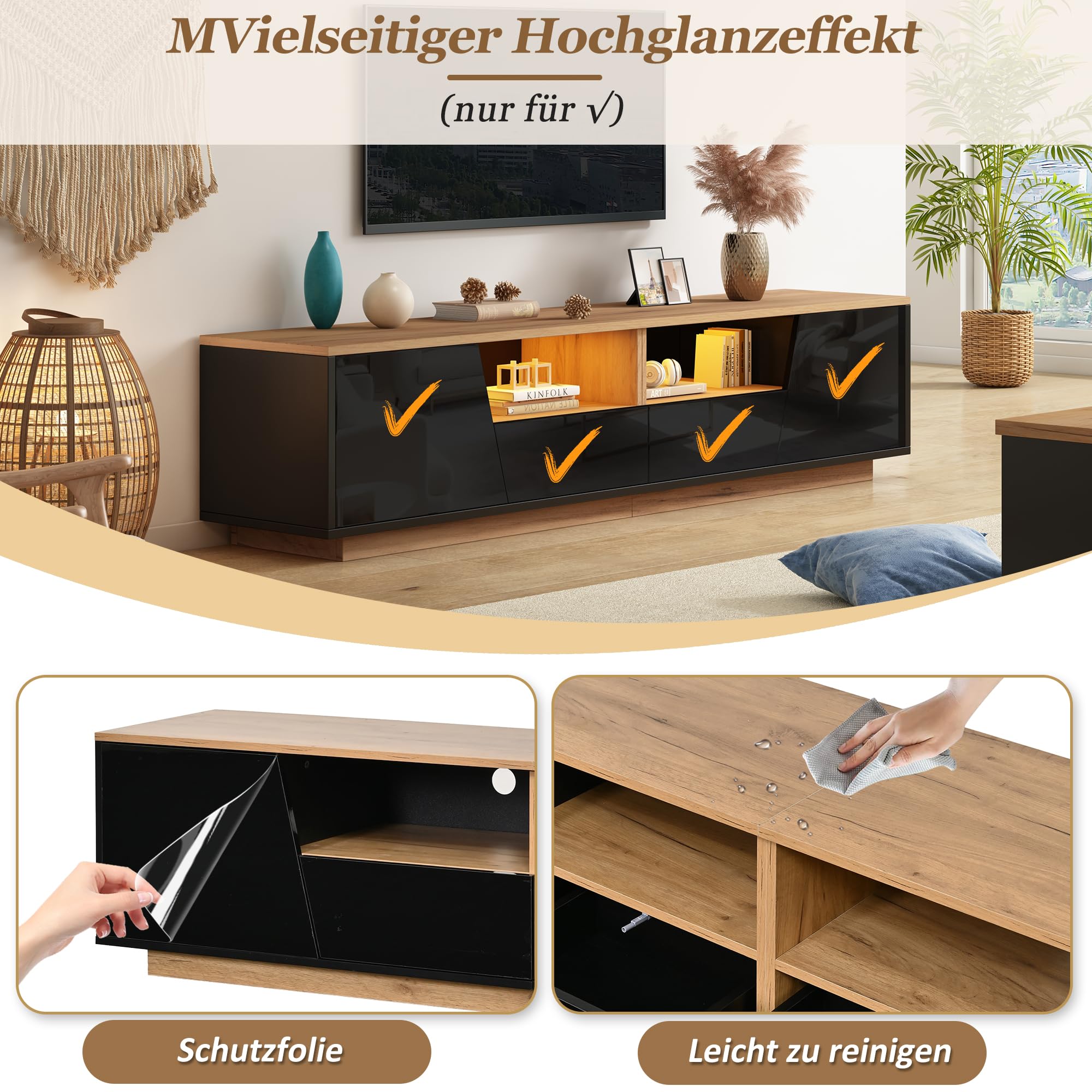 Mueble bajo para TV con LED, 180 cm, color negro natural