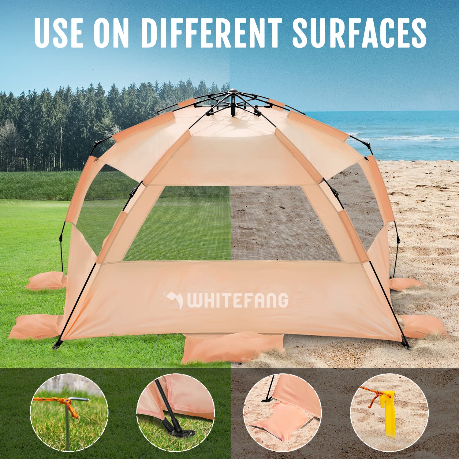 WhiteFang Deluxe XL rozkładany namiot plażowy dla 3-4 osób, ochrona przed promieniowaniem UV, wysuwana podłoga z 3 wentylowanymi oknami plus torba transportowa, słupki i linie napinające (Hami Melon)