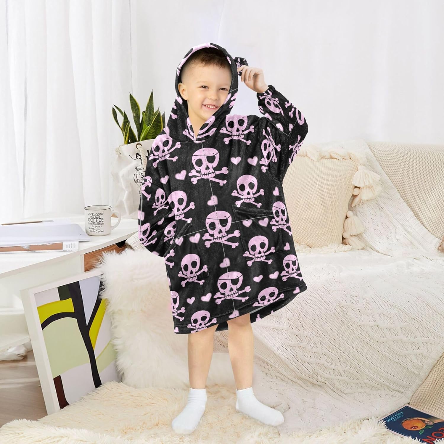 Skull Kids Wearable Blanket Hoodie with Pocket and Sleeves for Toddlers, Cute Hoodies 3-14 Year Girls Boys B0405380
