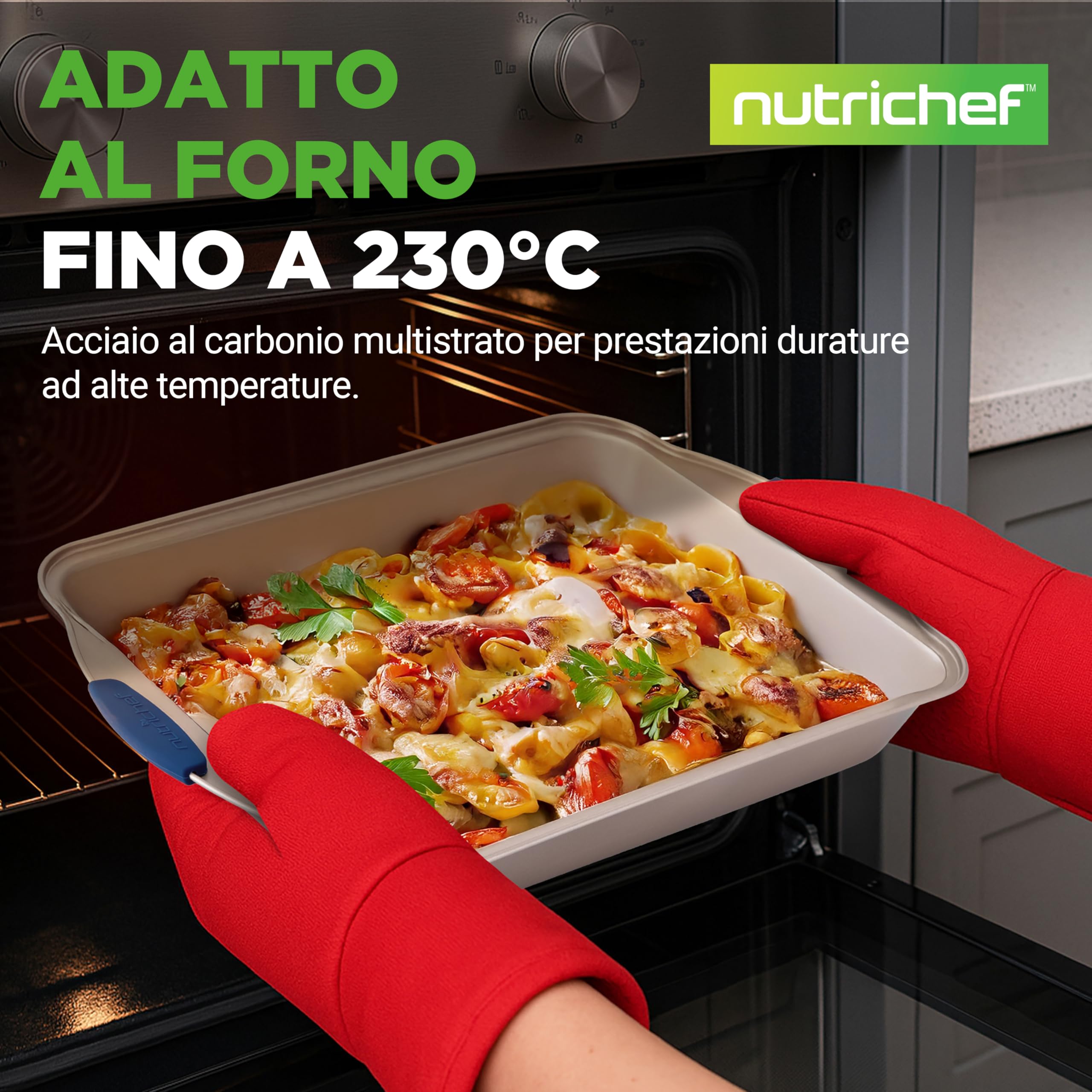 NutriChef Set 10 Pezzi Teglie Forno Antiaderenti in Acciaio al Carbonio con Manici in Silicone, Teglie da Forno per Pizza, Pane, Dolci, Torta, Biscotti, Stampo Muffin e Stampo Plumcake