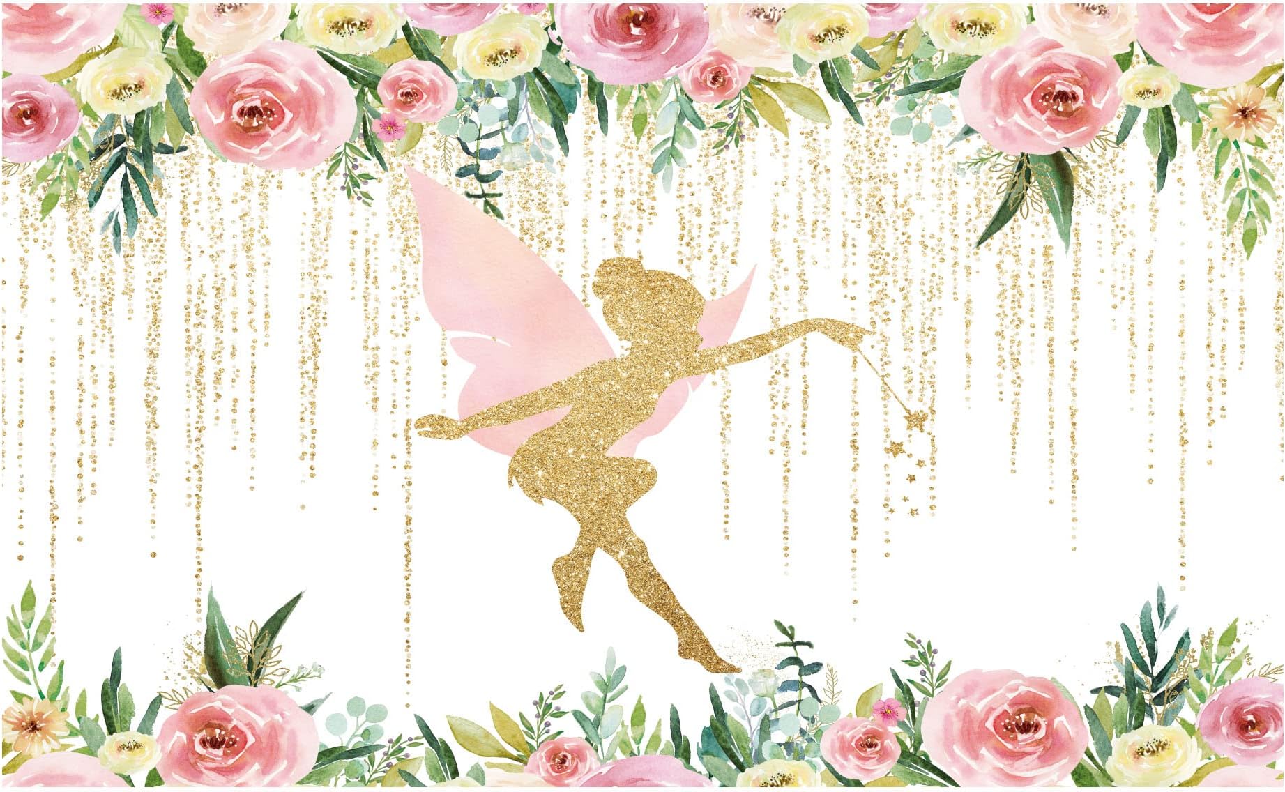 Funnytree 7x5FT Floral Fairy Birthday Party Backdrop for Photography Pink and Gold Fairy Tale Tea Flowers Wonderland Princess Girl Baby Shower Background Decoration Banner Supplies Photo Booth