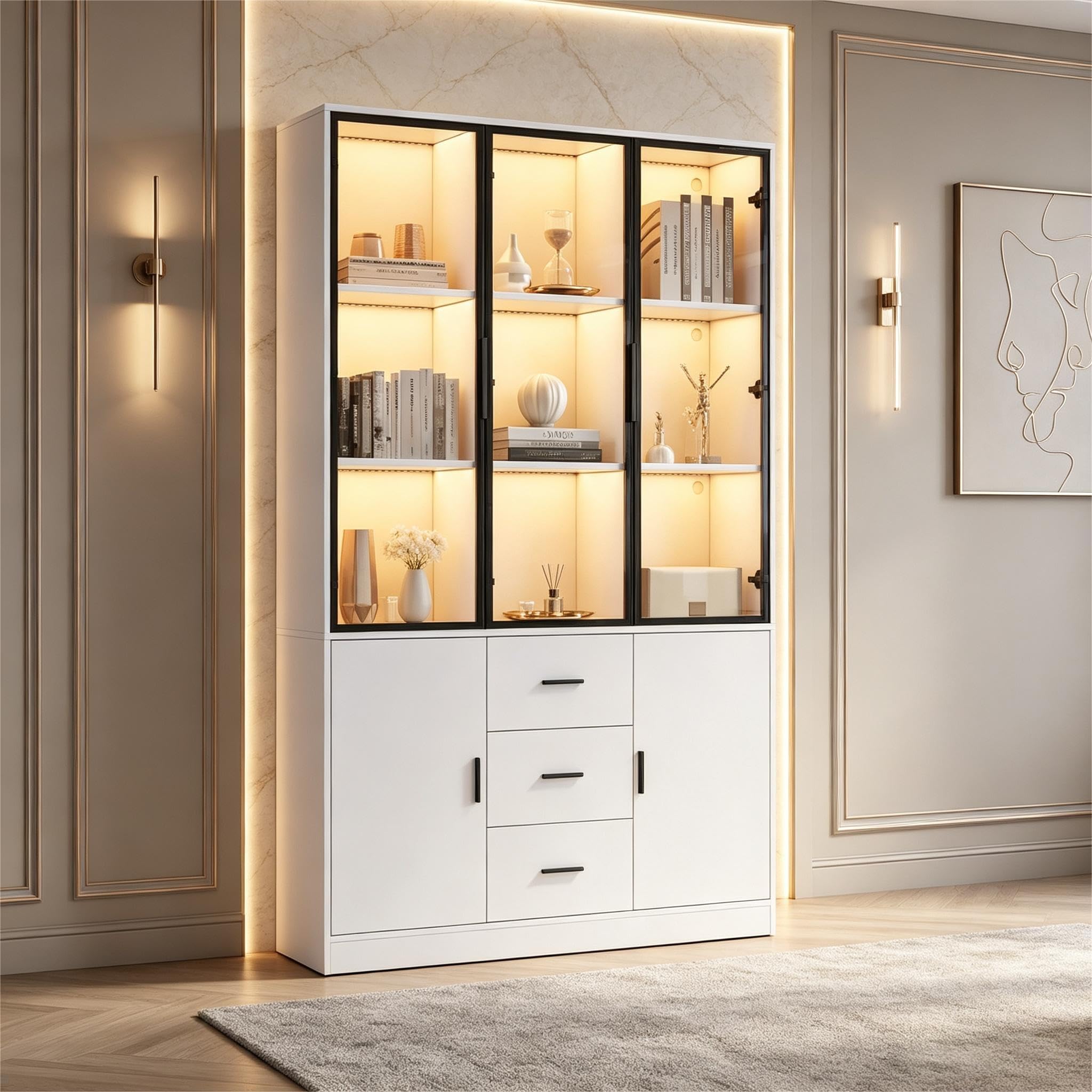 Vetrina con anta in vetro e 3 cassetti, vetrina da collezione con maniglia, libreria, armadietto per soggiorno, bianco, 120 x 30 x 200 cm