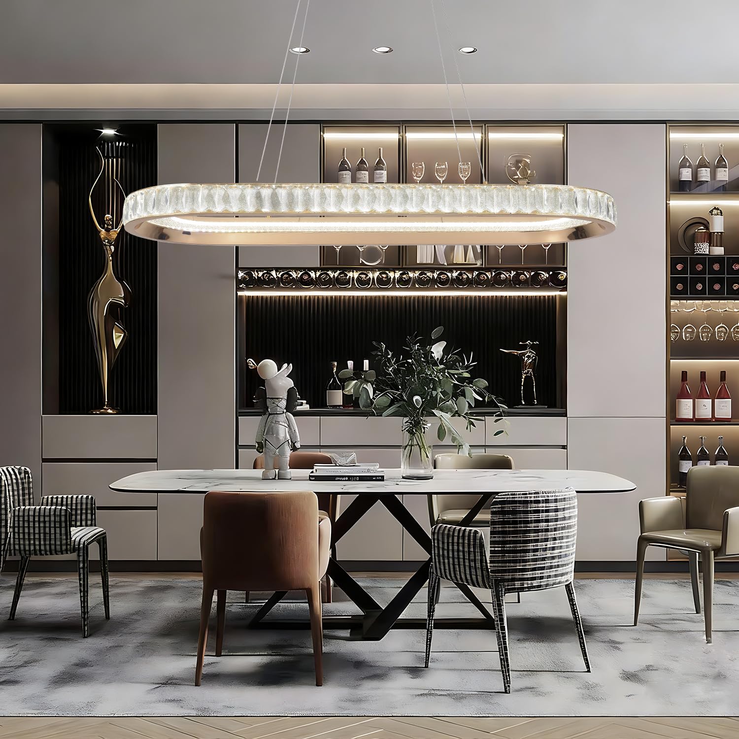 Lampadario Moderno a Sospensione ovale a LED Color oro con Illuminazione Lineare a LED per Sala da Pranzo, Lampadario Dimmerabile per Isola Cucina con Telecomando per Soggiorno e Ufficio
