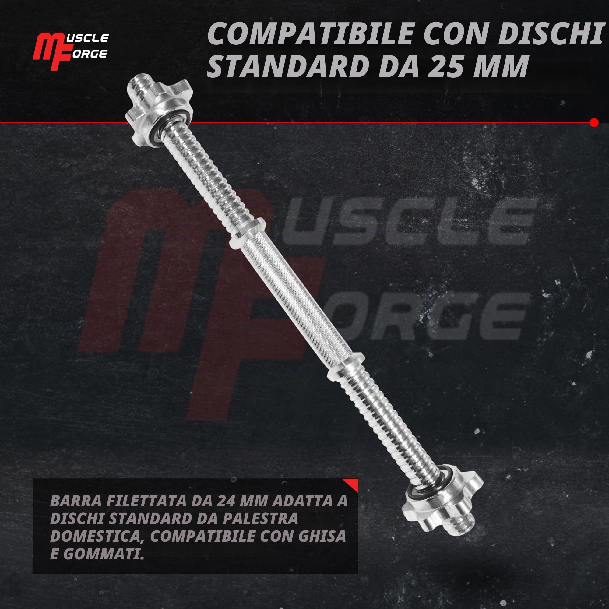 Manubri Palestra 45cm Acciaio Cromato – Extra Lungo, Filettata, 2 Collari Inclusi Compatibile Piastre Foro 25-28 mm – Grip Zigrinato Antiscivolo, Carico Esteso, Uso Domestico