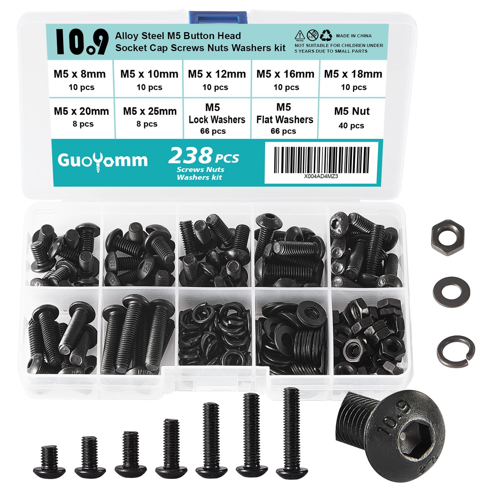 GuoYomm 238 PCS M5 x 8mm 10mm 12mm 16mm 18mm 20mm 25mm, Button Head Socket Cap Screws Bolts Washers Nuts Assortment Kit, 10.9 Grade Alloy Steel, Black