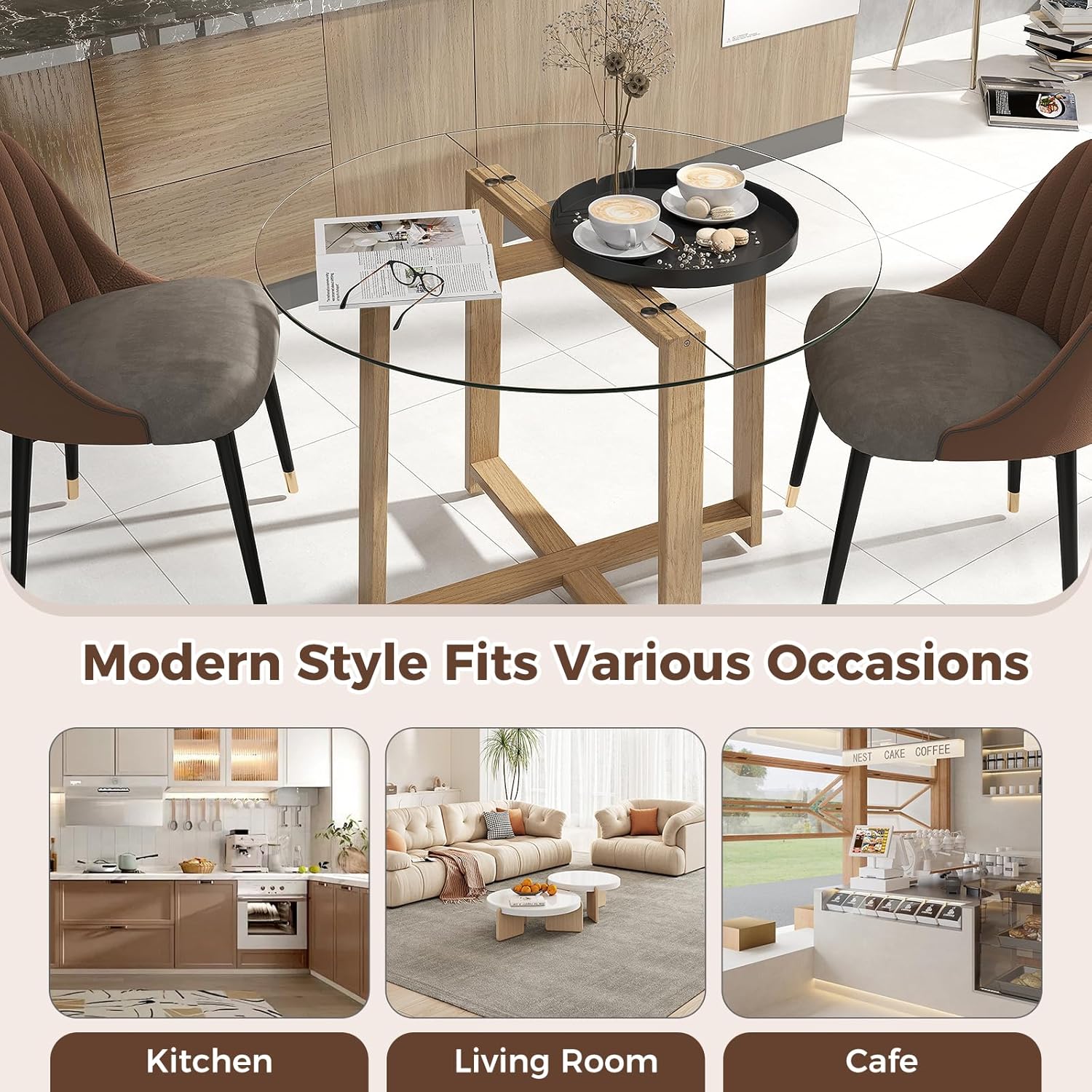 Tangkula dining table in various settings: kitchen, living room, and cafe