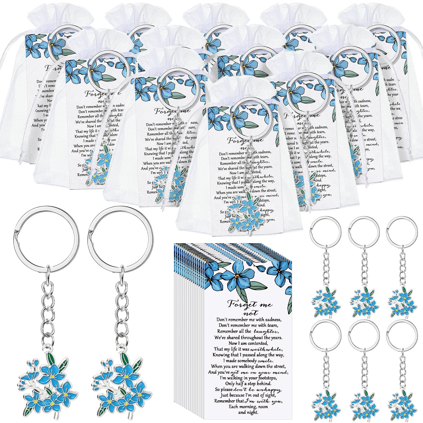 Ecally20 Set Funeral Favors for Guests Angel Keychain, Lucky Peace Dove Sign Poem Cards, Organza Gift Bags Celebration of Life Favors for Memorial Party Supplies Loss of Loved One (Forget Me Not)