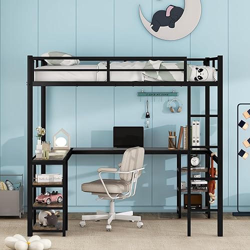 DNYN Full Size High Loft Bed with Desk & Six Storage Shelves for Kids Bedroom,Sturdy Metal Bedframe w/Ladder & Safety Guardrails,No Box Spring Needed & Super Save Space, Black