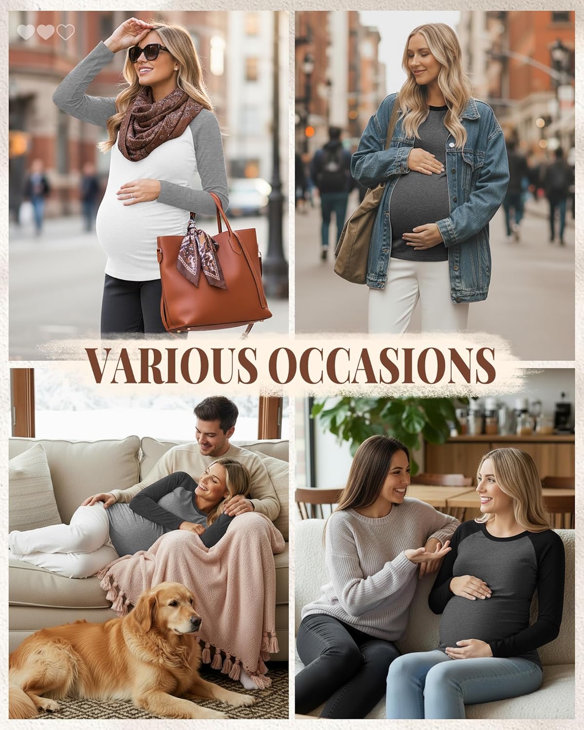 3 Pack Women's Maternity Shirts, Pregnancy Raglan Long Sleeve Tops Sides Ruched Crew Neck Color Block Mama Clothes - Image 3