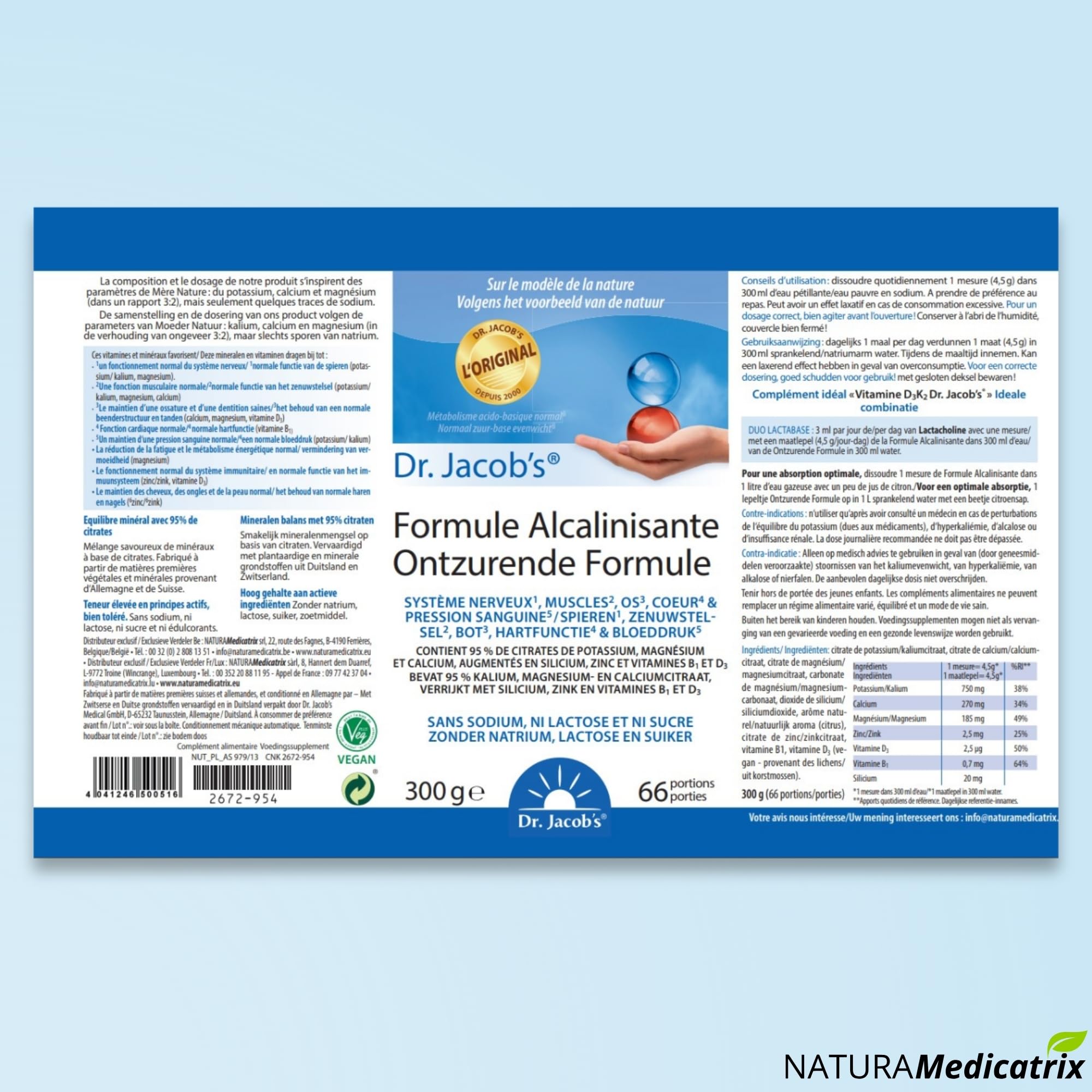 Formule Alcalinisante - Dr. Jacob's - 300g - Mélange de minéraux alcalins citrates fabriqués à partir de matières végétales