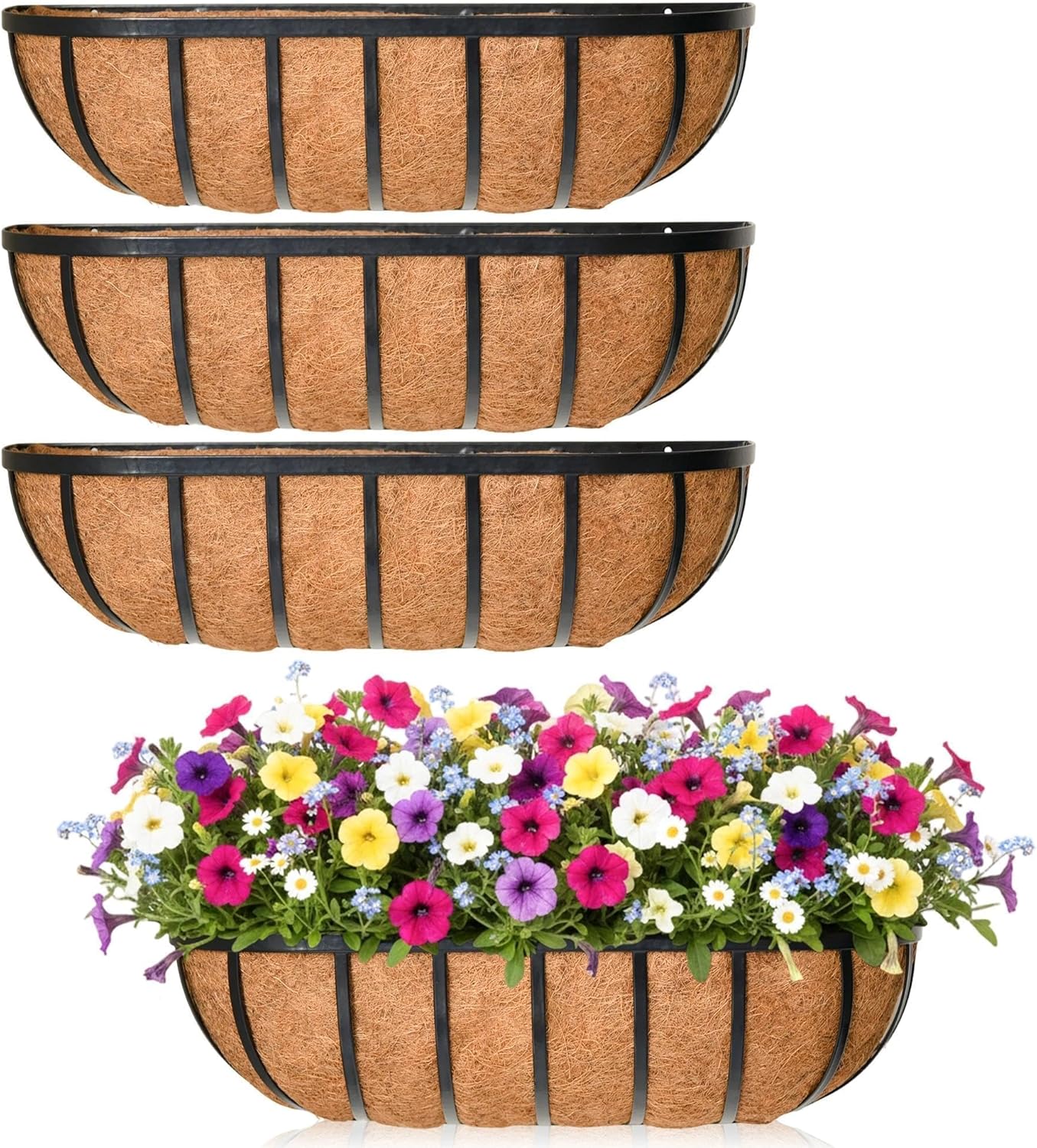 24'' Window Box Railing Planter with Coco Liner,2 Pack Horse Trough Planters Black Metal Hanging Flower Planters Basket for Porch Fence Patio Indoor Outdoor Lawn