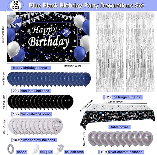 Miniatura 2 de Decoraciones de cumpleaños azules y negras para hombres y mujeres, 62 piezas de decoraciones de feliz cumpleaños para niños y niñas, suministros de