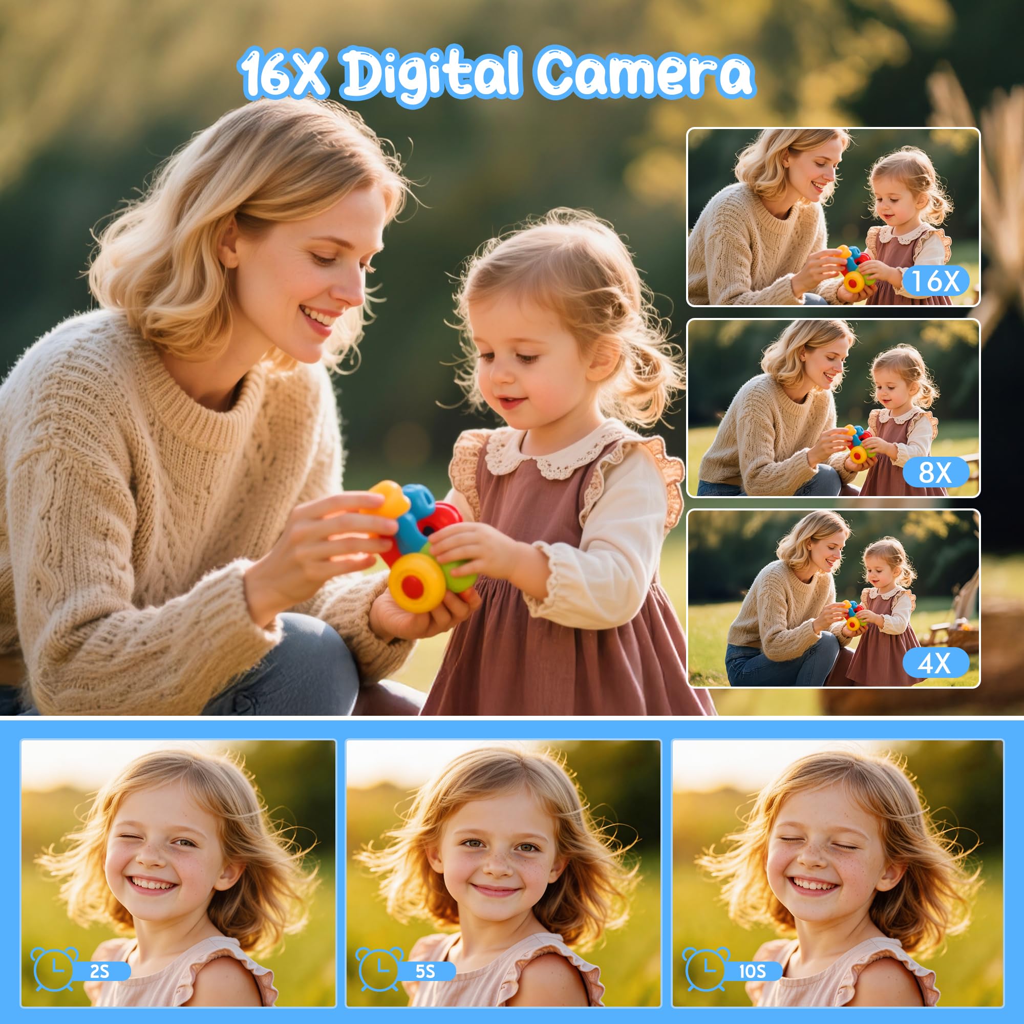Fotocamera Digitale 1080P 44MP Macchina Fotografica Vlogging per Bambini Ragazzi, FHD Compatta Portatile con Schermo da 2,4" Zoom 16X, Mini Fotocamera Anti-Shake per Principianti Studenti-Nero - 3
