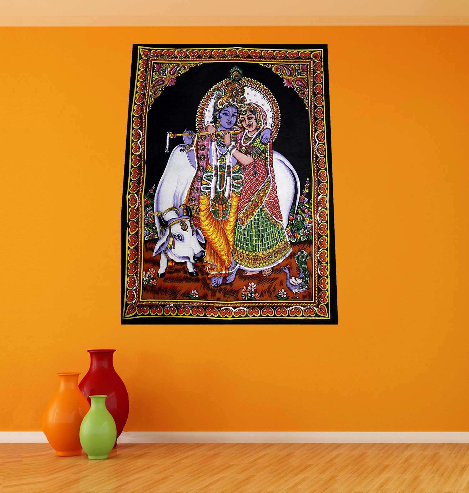 Lord Krishna & Radha Indian Deity Cotton Fabric Tapestry Indian Decor Wall Hanging Home Decor Poster Size