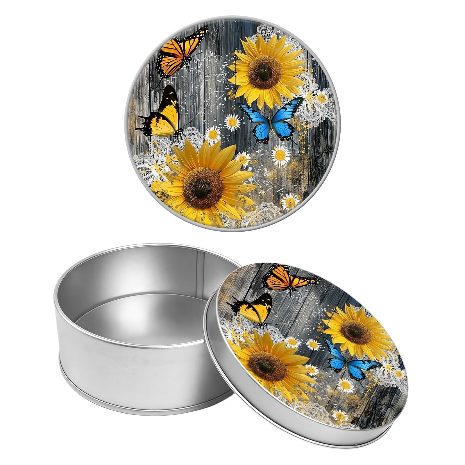 Round Metal Tin Container with Removable Lid, Sunflower Wood Butterfly Durable Metal Storage Box for Crafts Snacks Candies Office Supplies Small Items 3.54 x 1.38 inch– Single Pack