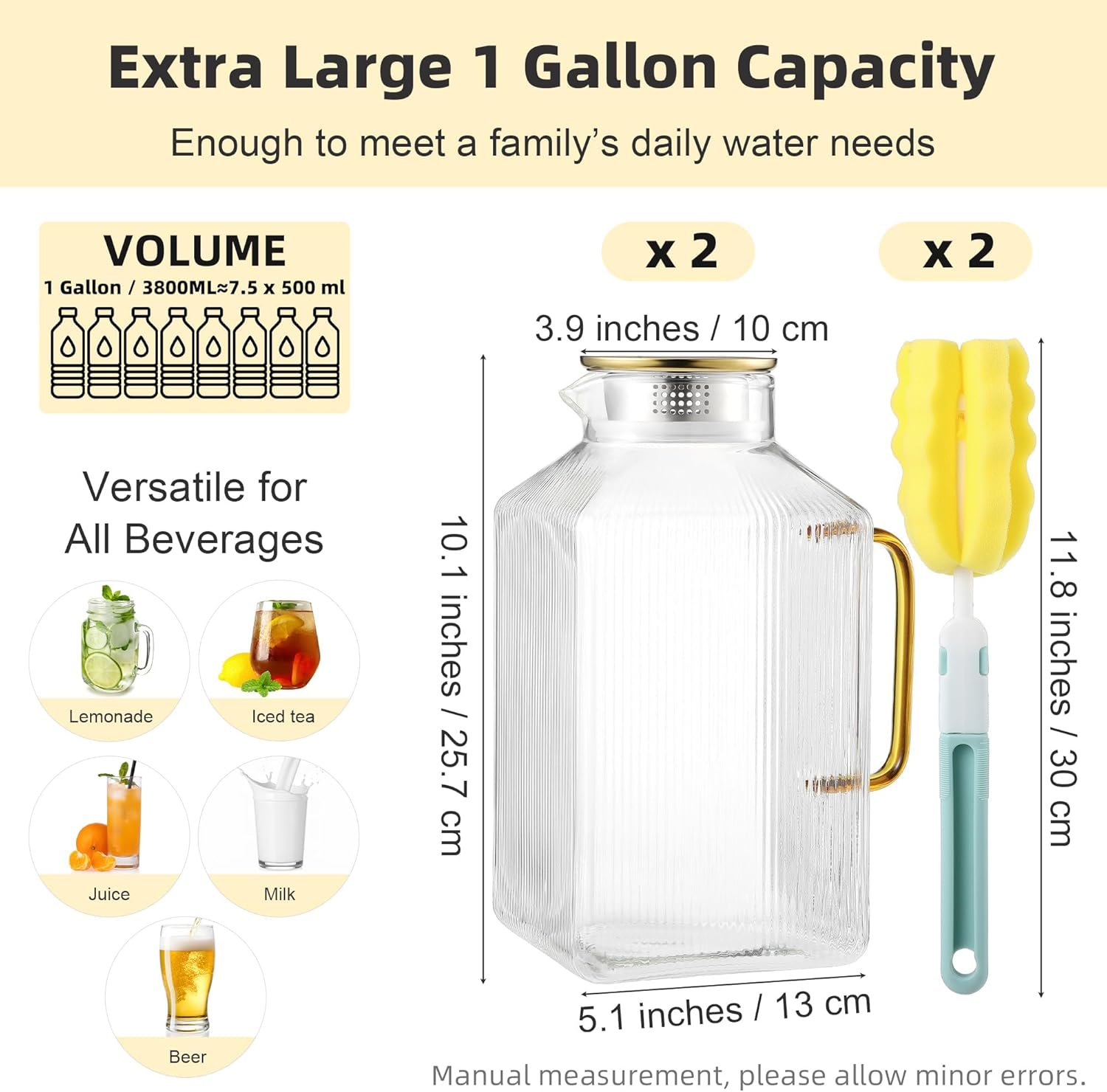 Kochorie 2 Pack 1 Gallon/128 oz Square Glass Pitcher with Lid & Cleaning Brush, Thickened Borosilicate Glass Carafe for Hot/Cold Drink, Extra Large Jug with Handle for Iced Tea, Juice, Lemonade