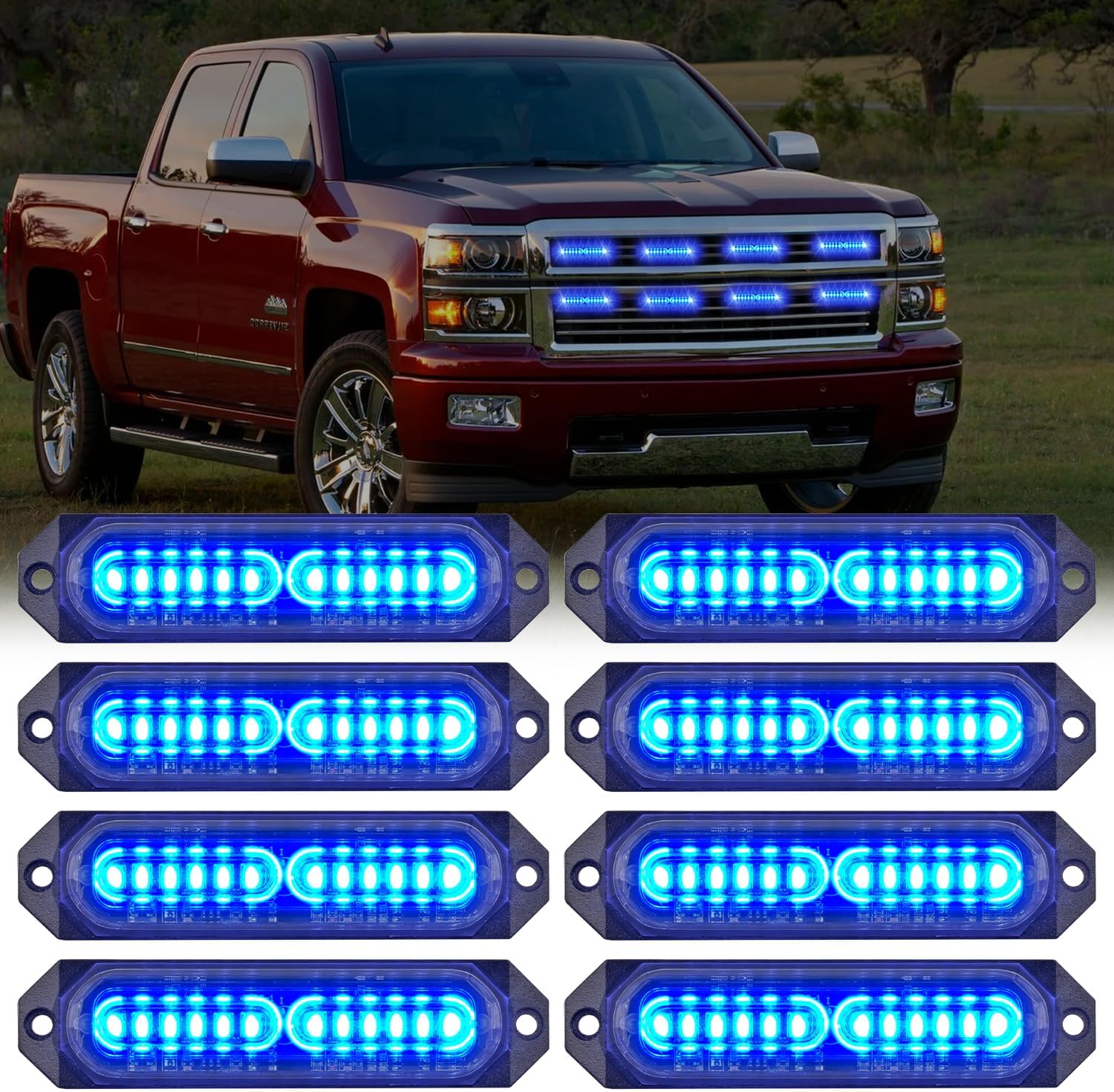 Nilight 8PCS Led Strobe Lights 12LED Blue Emergency Light 12V 24V Surface Mount Flashing Warning Hazard Beacon Ultra Slim Sync Feature Mini Grille for Cars Trucks Off Road Vehicles SUV