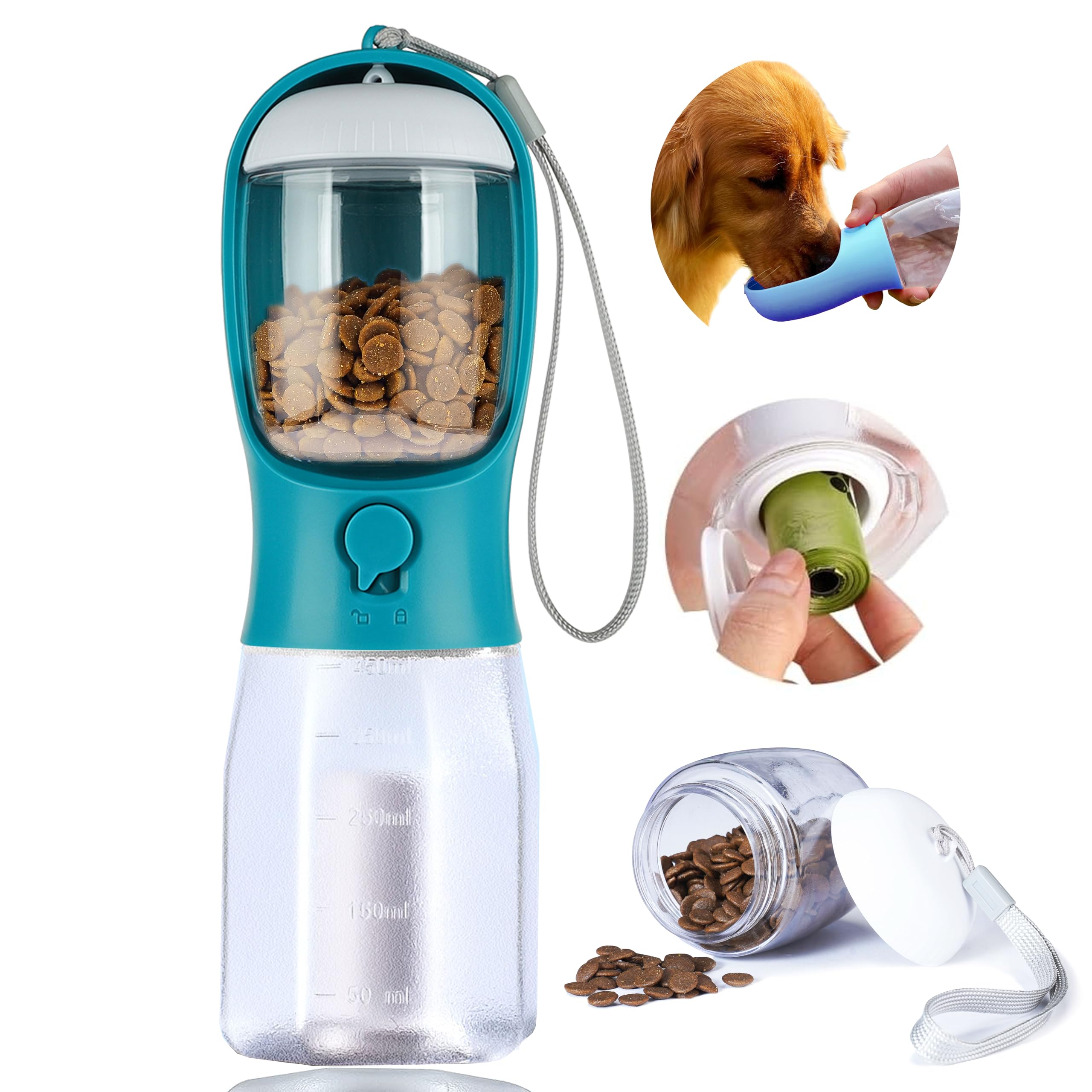 Dog Water Bottle with Food Container, Portable Pet Dog Water Dispenser for Outdoor Walking,Hiking,Travel,Puppy Essentials,Puppy Supplies,Replaceable Waste Bags