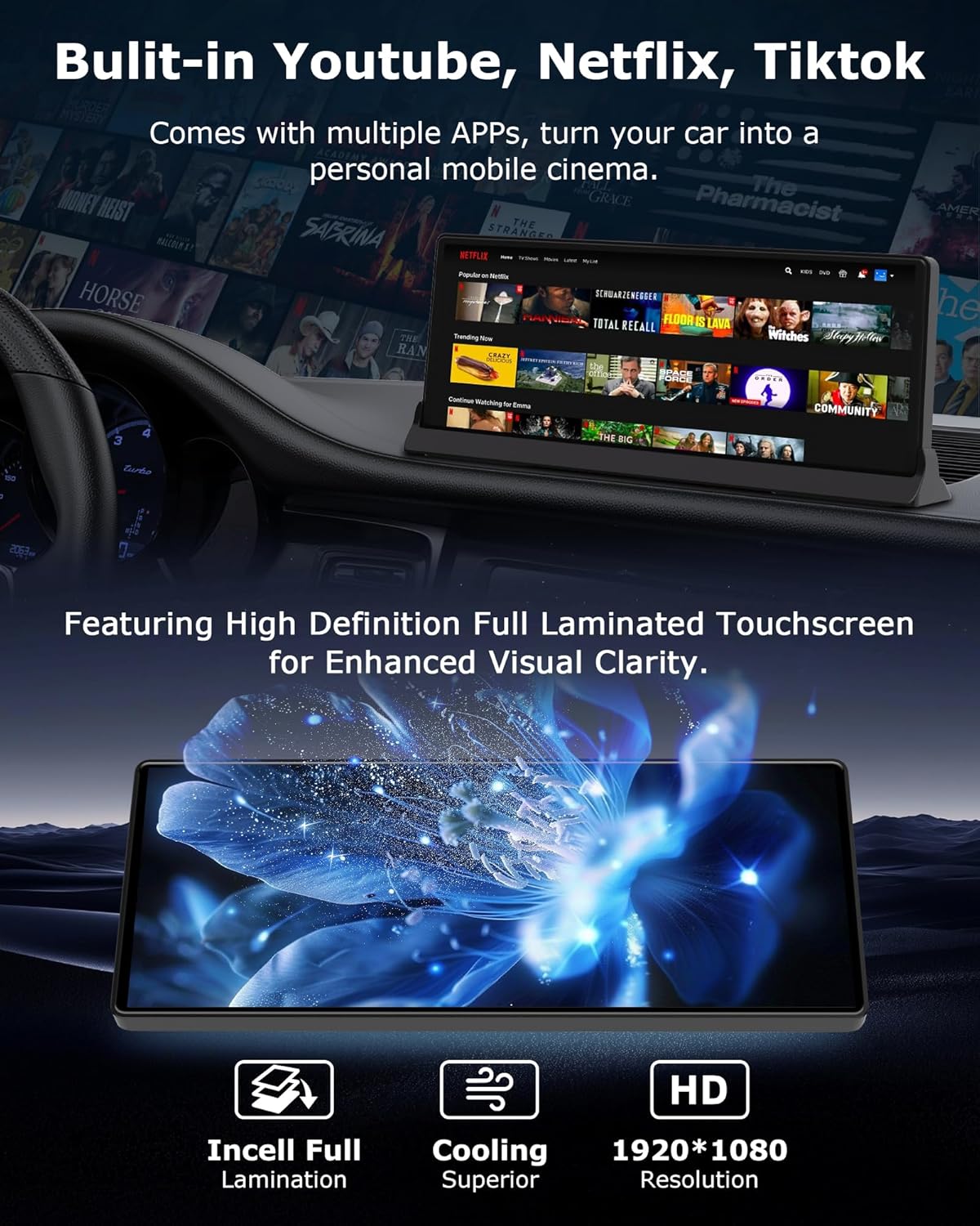 Jansite T383S display showing integrated YouTube, Netflix, and TikTok applications