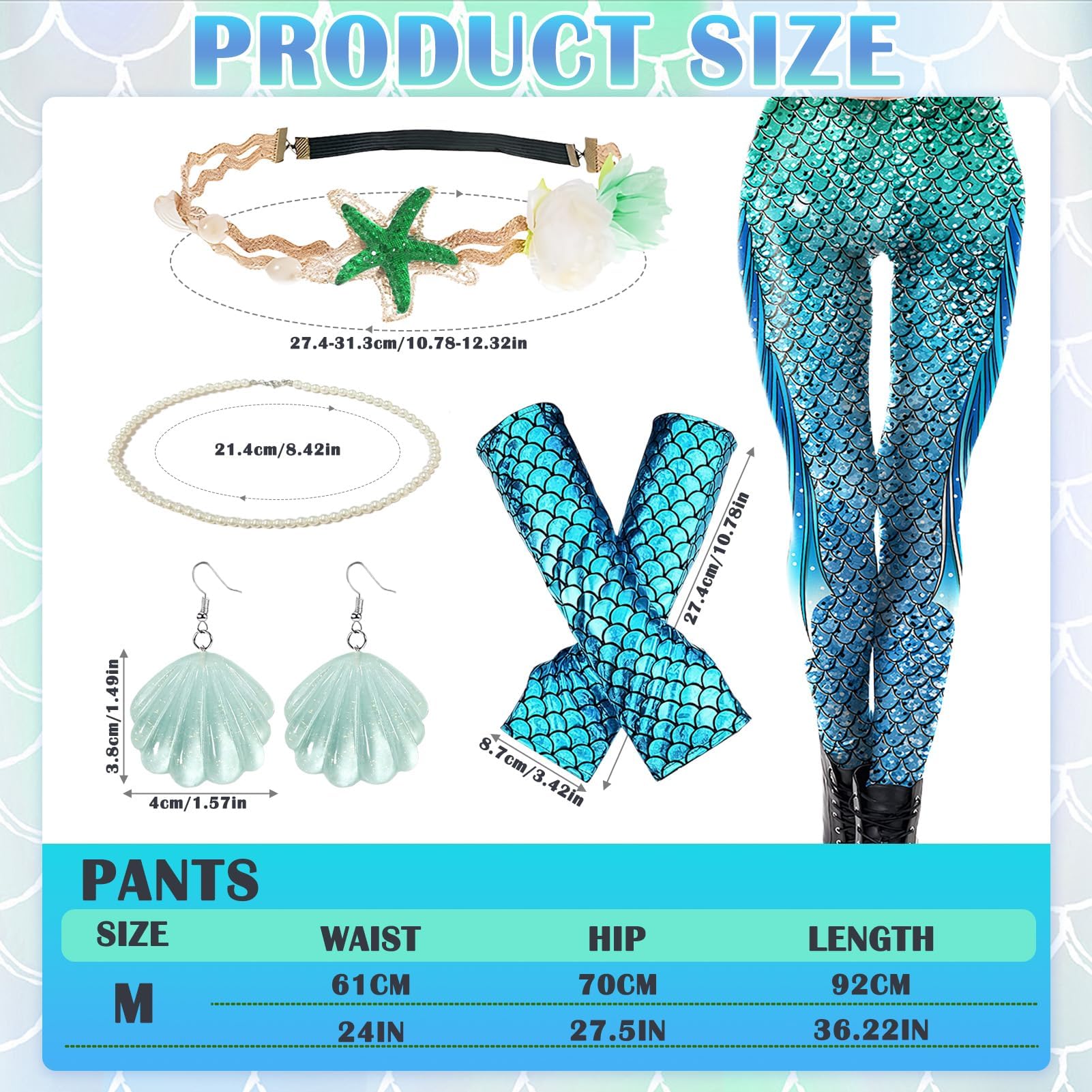 Meanju Leggings a Forma di Sirena, Costume da Sirena da Donna e Ragazza, Cerchietto Capelli Guanti Orecchini a Forma di Conchiglia Collane di Perle, per Costume di Carnevale,Giochi di Ruolo,Feste