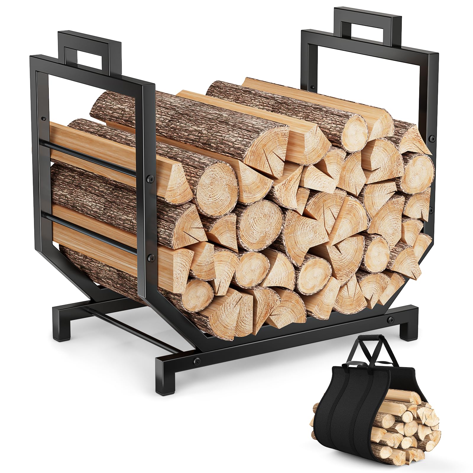 Leñero en Forma de U Reforzado Leñero Interior Exterior Metal 250lbs 4 Patas con Bolsa Transporte para Chimenea Jardín 43x53x33cm Negro Antideslizante