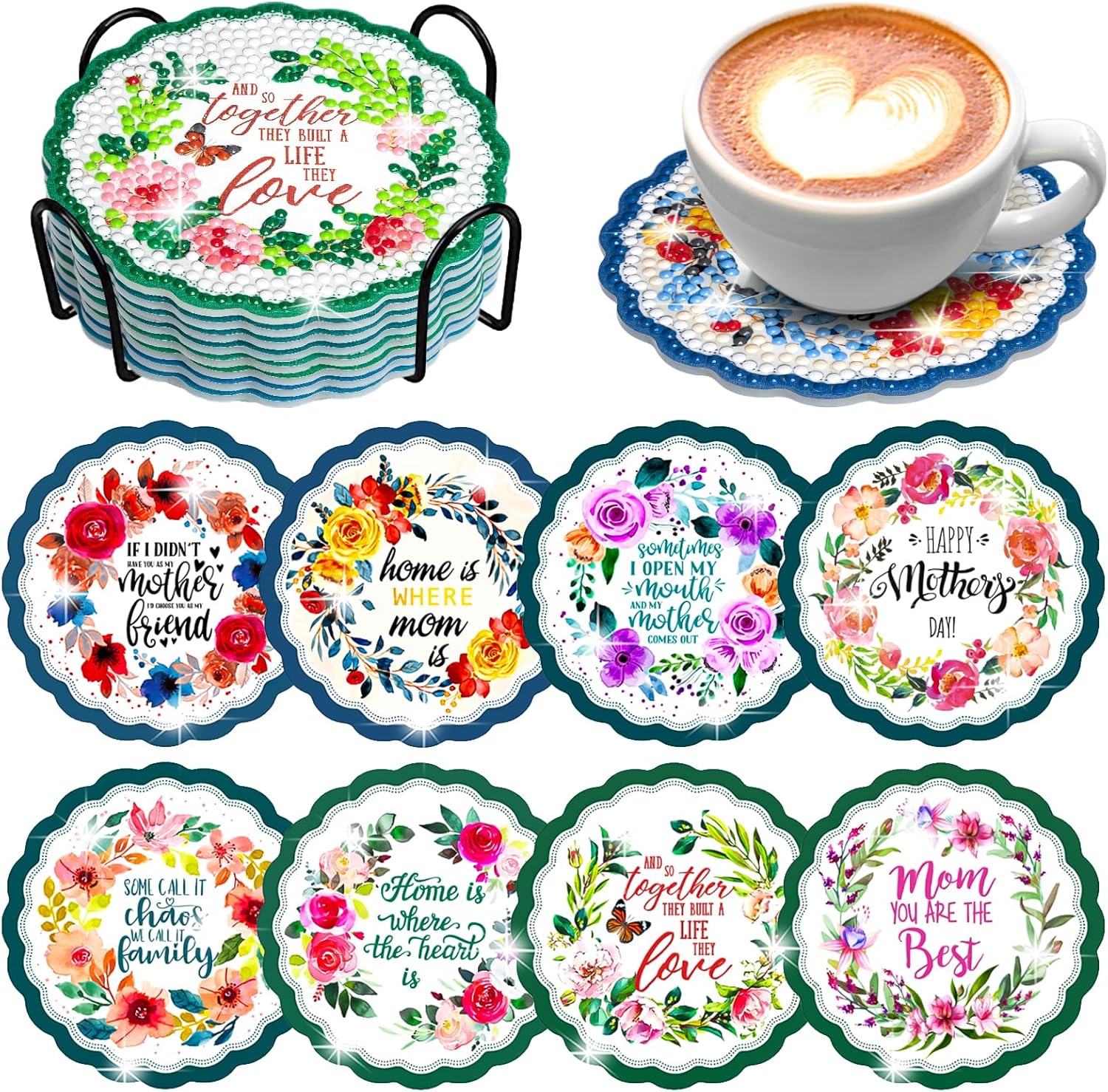 Wivico Slogan Diamond Painting Art Coasters Kits 8 PCS with