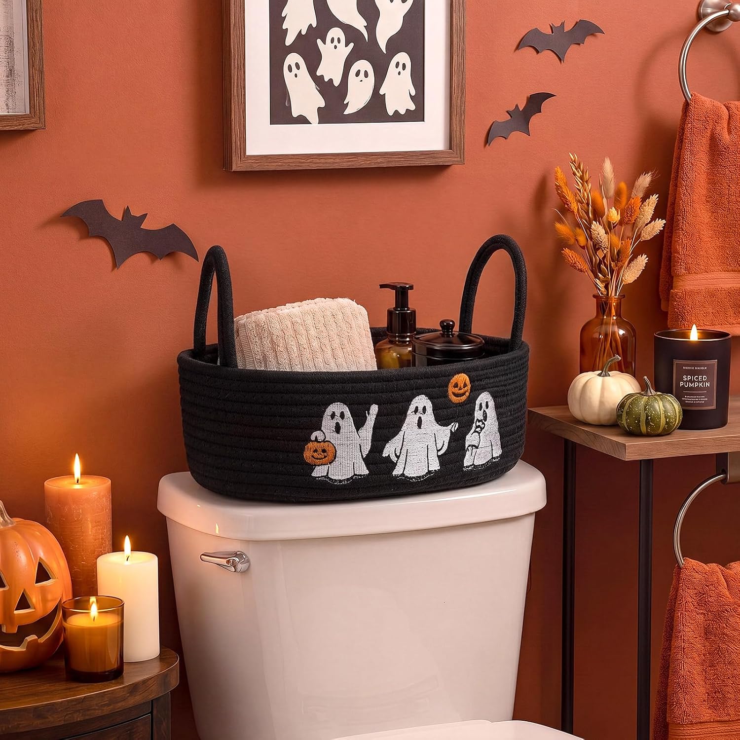 Vesici Halloween Ghost Storage Basket, Halloween Bathroom Decor, Black