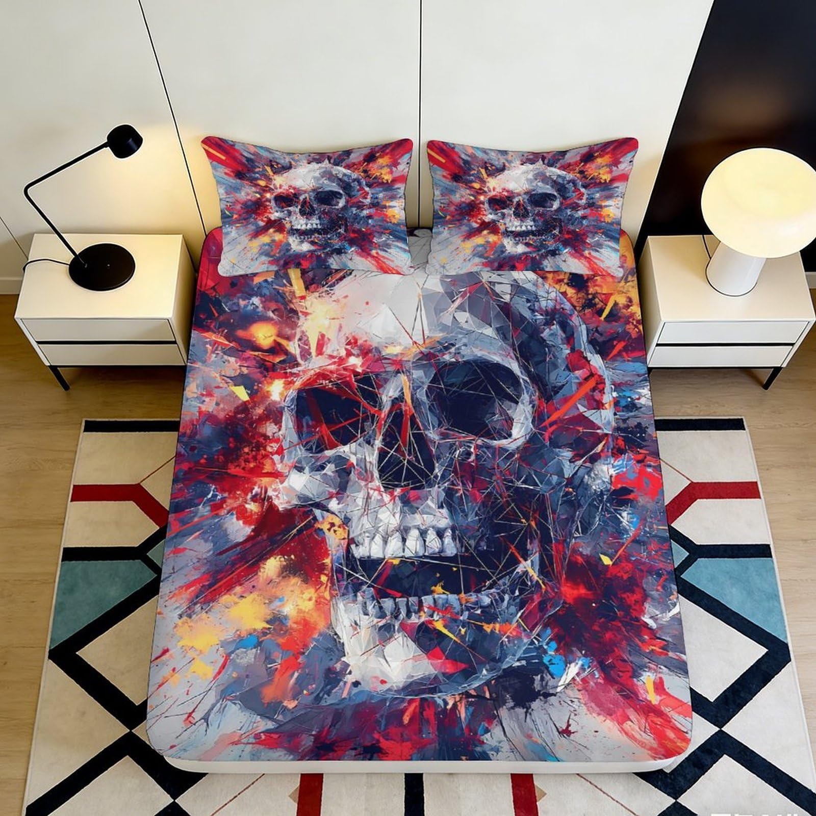 Zfldkwgb Style-3 3D Printed Skull Art Fitted Sheet Microfiber Vibrant Abstract Bed Cover For Bedroom Dorm Mattress Protection Decor 90X200x25cm
