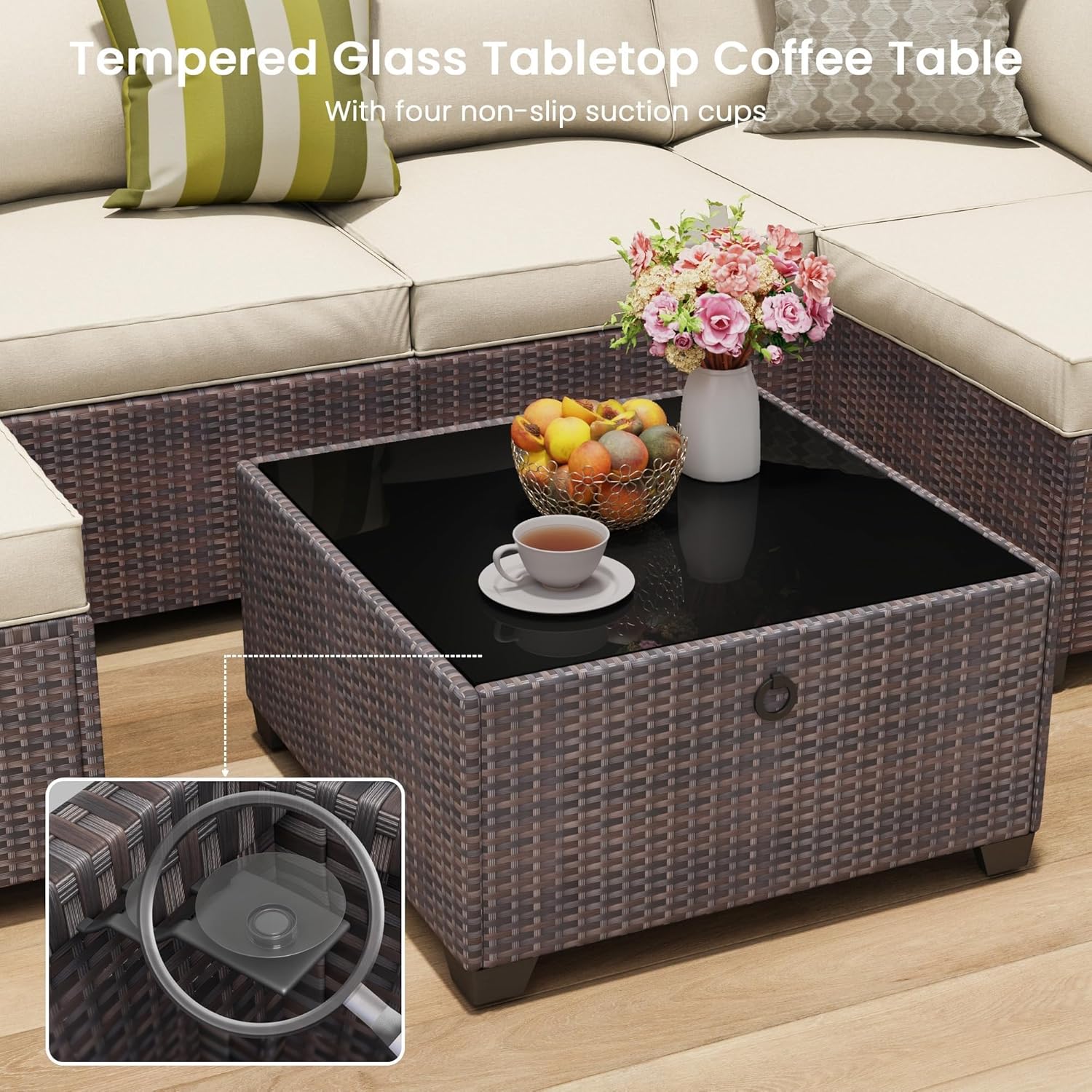 7 Piece Outdoor Patio Furniture Set Sectional Furniture Rattan Wicker Modern Modular Conversation Sets Sofa Couch Washable Thick Cushions for Backyard Porch Balcony(Brown)