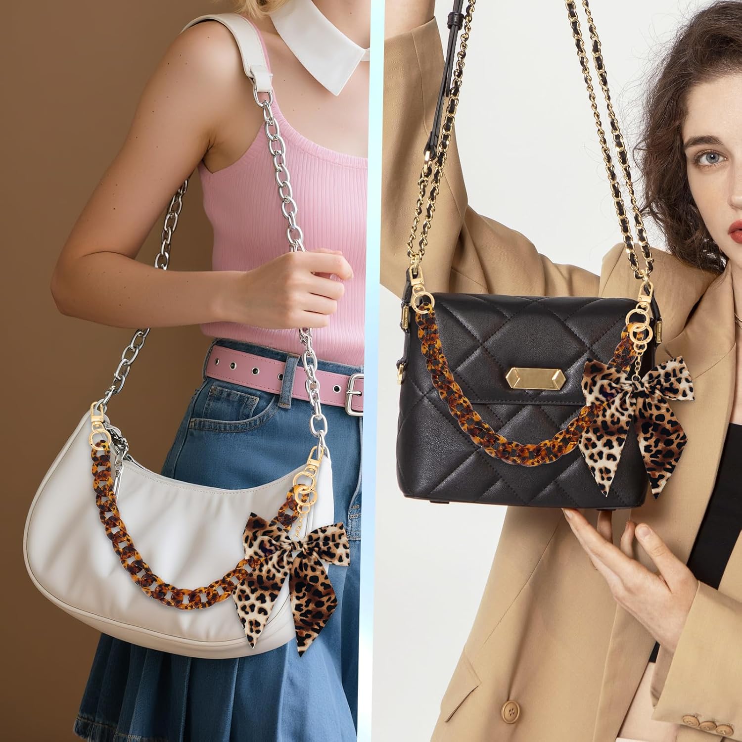 Leopard Print Purse Chain Strap 17.9 Inch Chunky Acrylic Bag Handle Shoulder Strap Replacement with Leopard Bow Keychain Charms Vintage Handbag Decoration Chain Bag Accessories Charms for Women