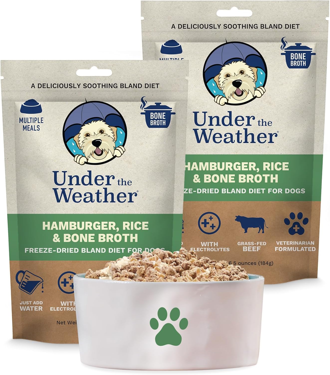 Under the Weather Bland Diet for Dogs | Easy to Digest for Sick Dogs | Always Be Ready | Contains Electrolytes - Natural Freeze Dried 100% Human Grade Meats| 2 Pack- Rice, Hamburger & Bone Broth - 6oz