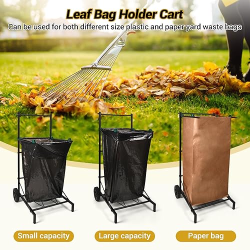 Miniatura 7 de CAROD Soporte para bolsas de basura, soporte ajustable de metal para bolsas de hojas de 30 a 45 galones de capacidad, carrito de bolsas de basura