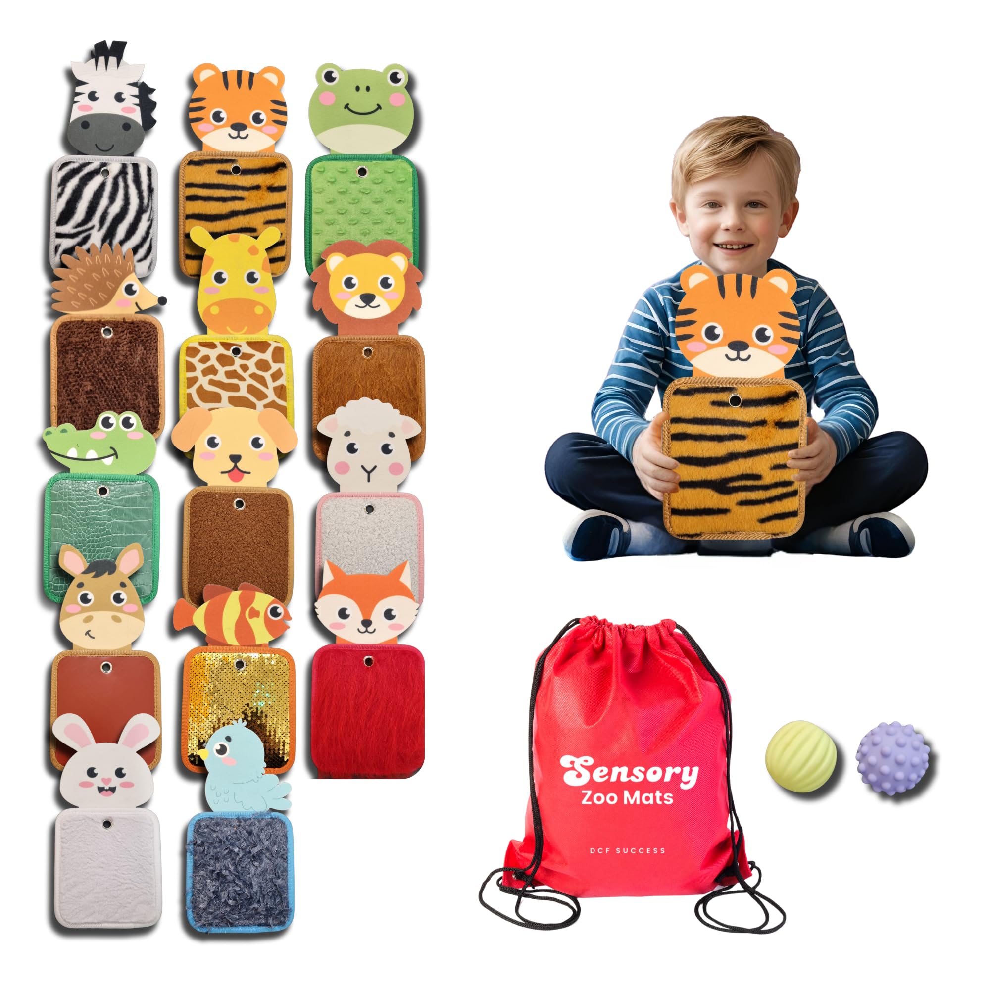 DCF Success 14pcs Zoo Animal Sensory Mats - Baby Sensory Toys for Autism, Sequin Activity Board, Multi-Sensory Equipment for Anxiety Relief, Autism & ADHD with Carry Bag and 2x Sensory Balls.