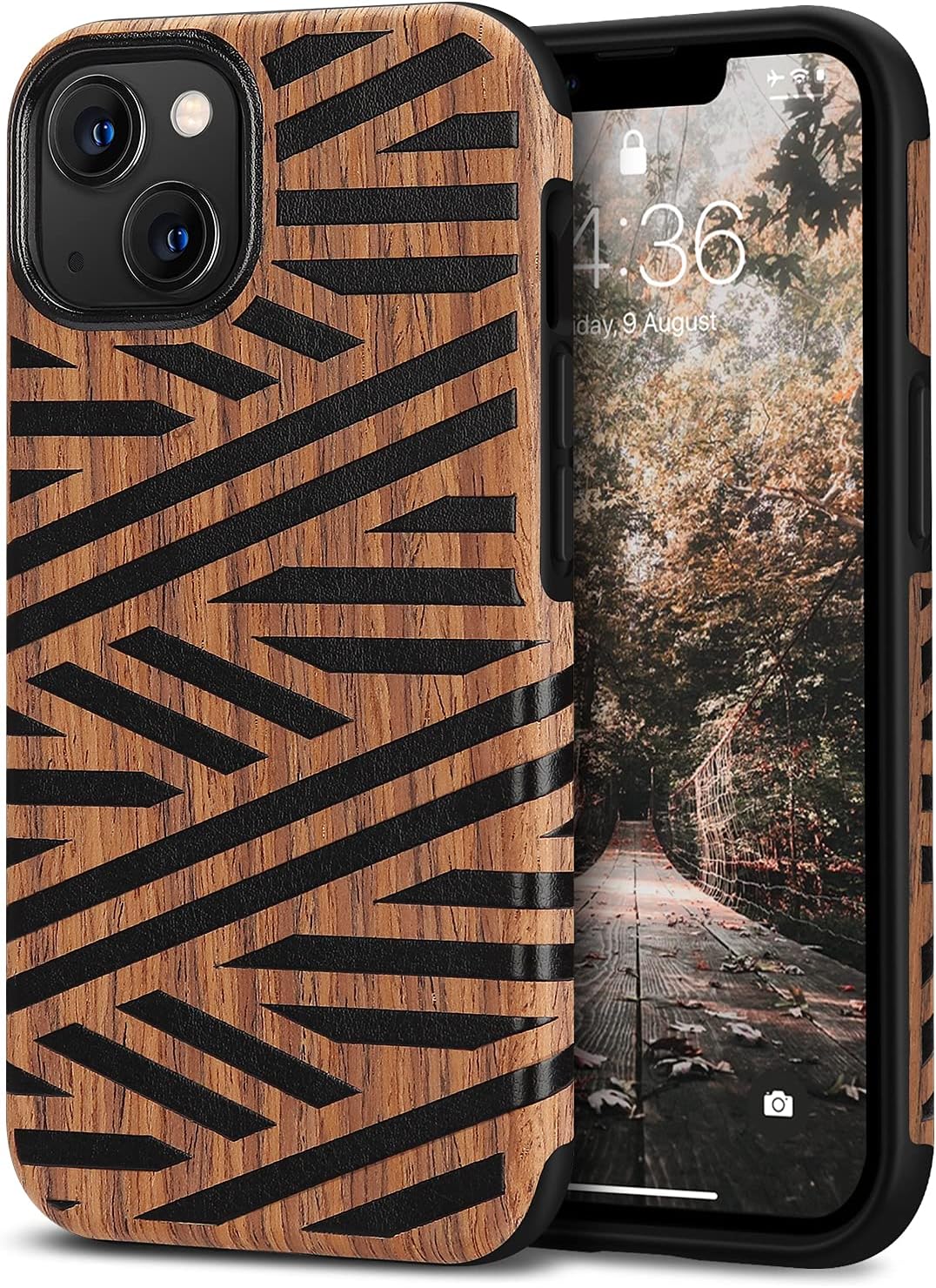 Case Compatible with iPhone 13 mini Case, Wood Grain with Leather Design Hybrid Protective Phone Case Cover Compatible for iPhone 13 mini 5.4" 2021 (Wood & Leather)