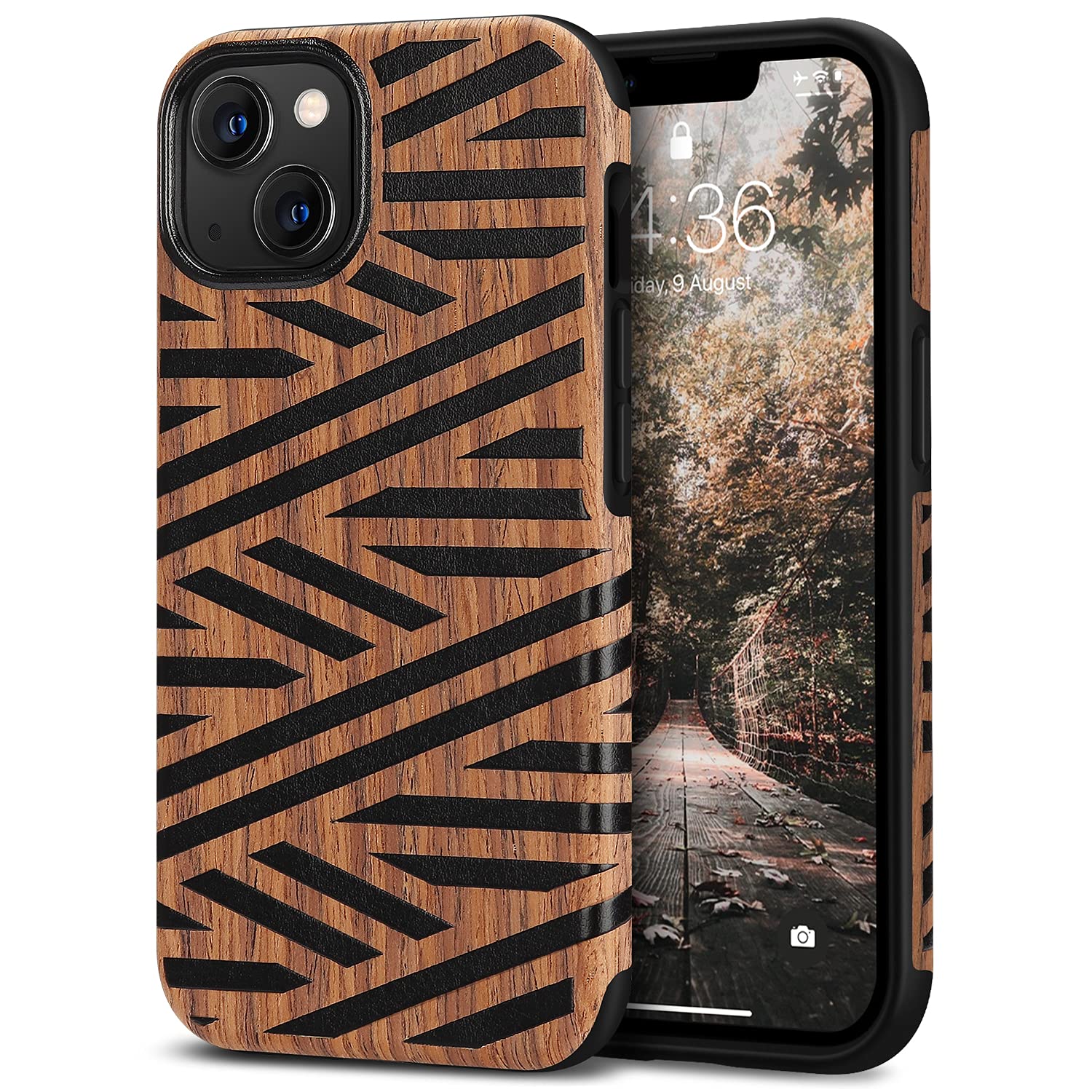 Tasikar Case Compatible with iPhone 13 Case, Wood Grain with Leather Design Hybrid Protective Phone Case Cover Compatible for iPhone 13 6.1" 2021 (Wood & Leather)
