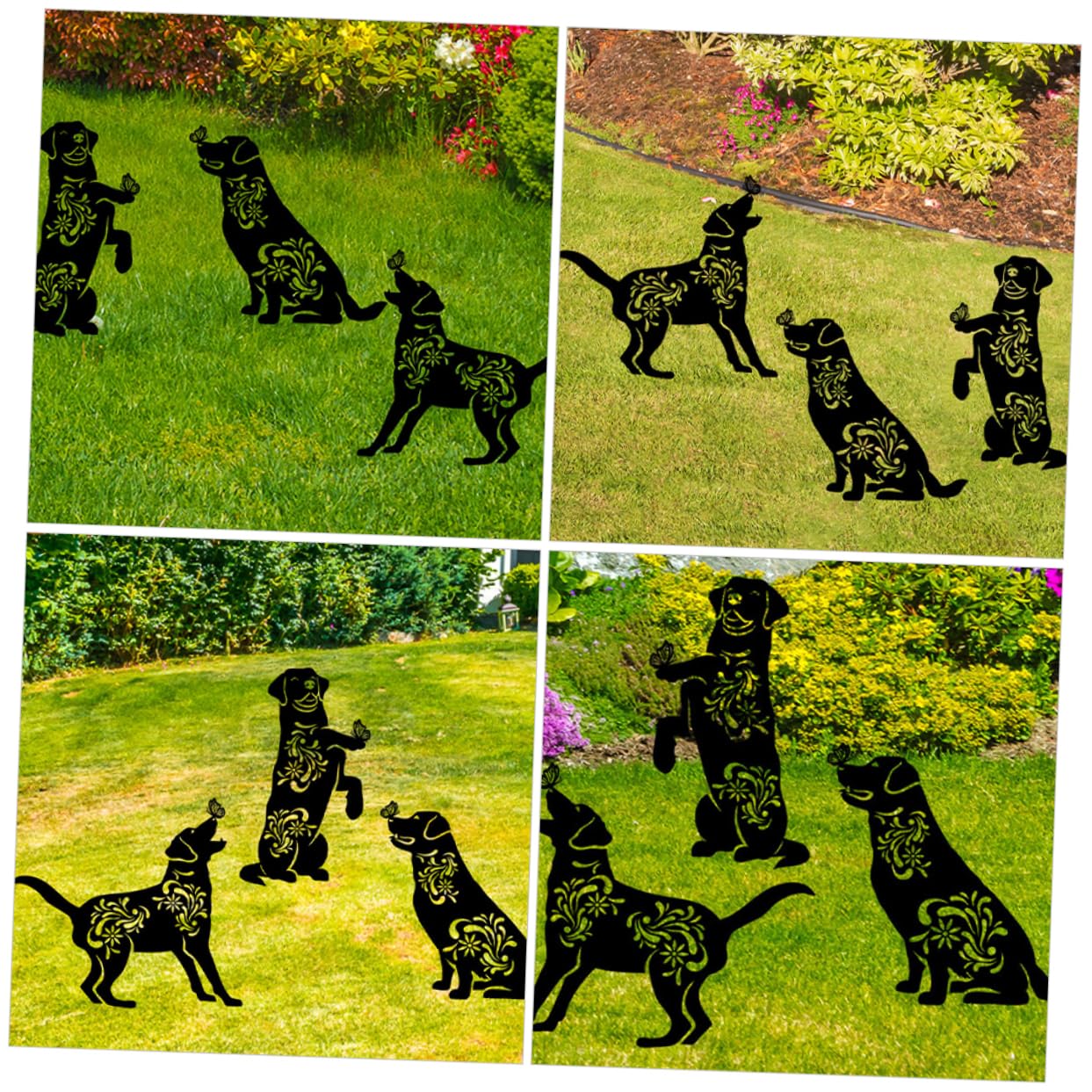 3 Stück Hunde Gartenstecker aus Eisen Schwarz, Robuste Tierdeko für Garten