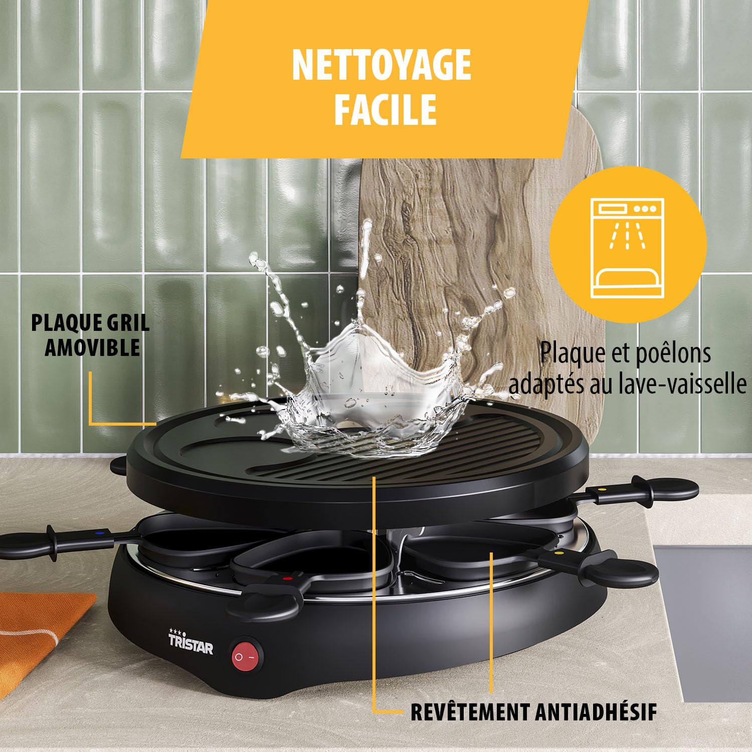 Raclette Tristar pour jusqu’à 6 Personnes, Avec 6 Poêlons et Zone Crêpe et Grill, Ø29 cm, 800 W, Noir, RA-2998