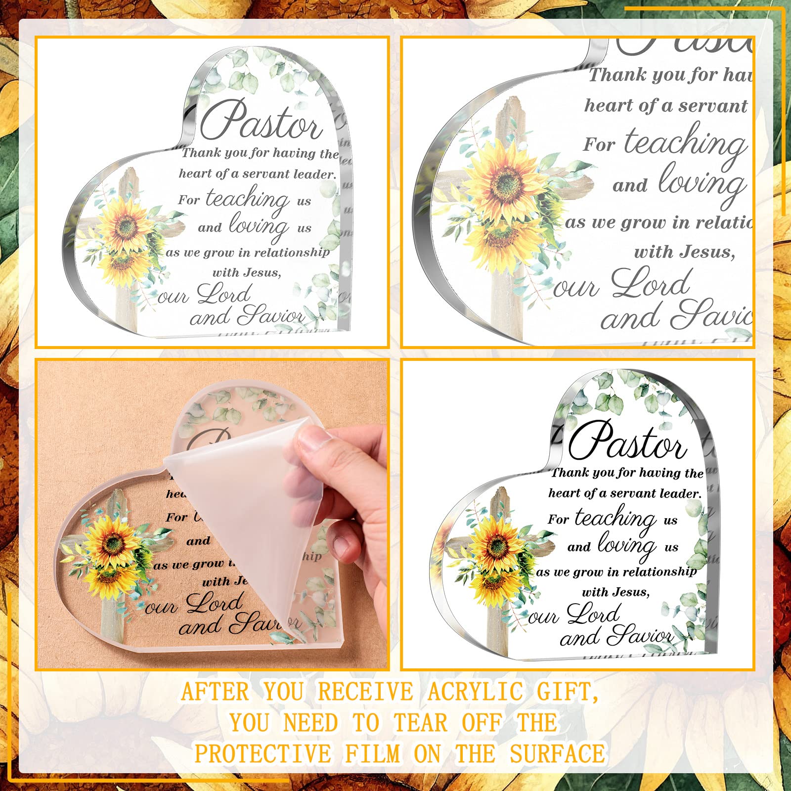Gerrii Pastor Appreciation Gifts Christian Plaques Decoration for Pastor's Day Church Clergy Keepsakes Thank You Gift Acrylic Heart Plaque Decor Religious Spiritual Retirement Keepsake(Sunflower)