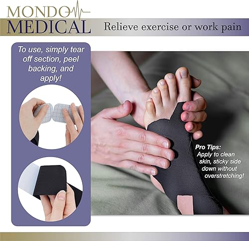 Miniatura 3 de Mondo Medical Cinta de kinesiología precortadas de 2 pulgadas x 16 pies, cinta atlética negra para piel, músculo, deportes, cinta corporal
