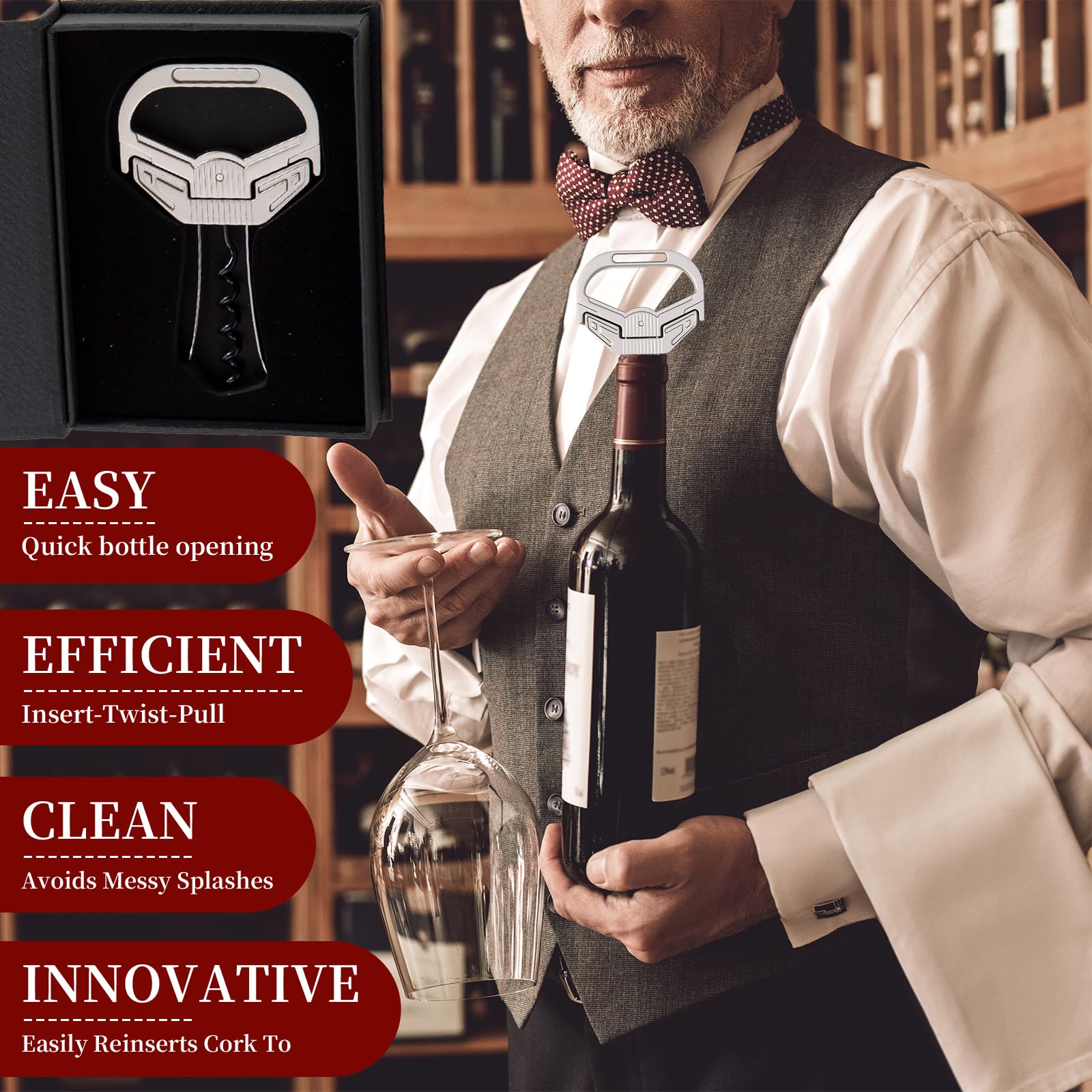 Ah So - Juego de abridor de vino con cortador de cápsulas, sacacorchos para vinos antiguos, sacacorchos de dos dientes, abridor de botellas de vino de acero inoxidable, set de regalo para los