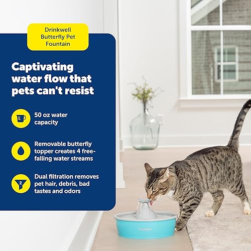 Miniatura 2 de PetSafe Fuente de agua Butterfly Cat con bomba y filtros, bonito dispensador de agua con capacidad de 50 onzas, bomba y filtros mantienen el agua
