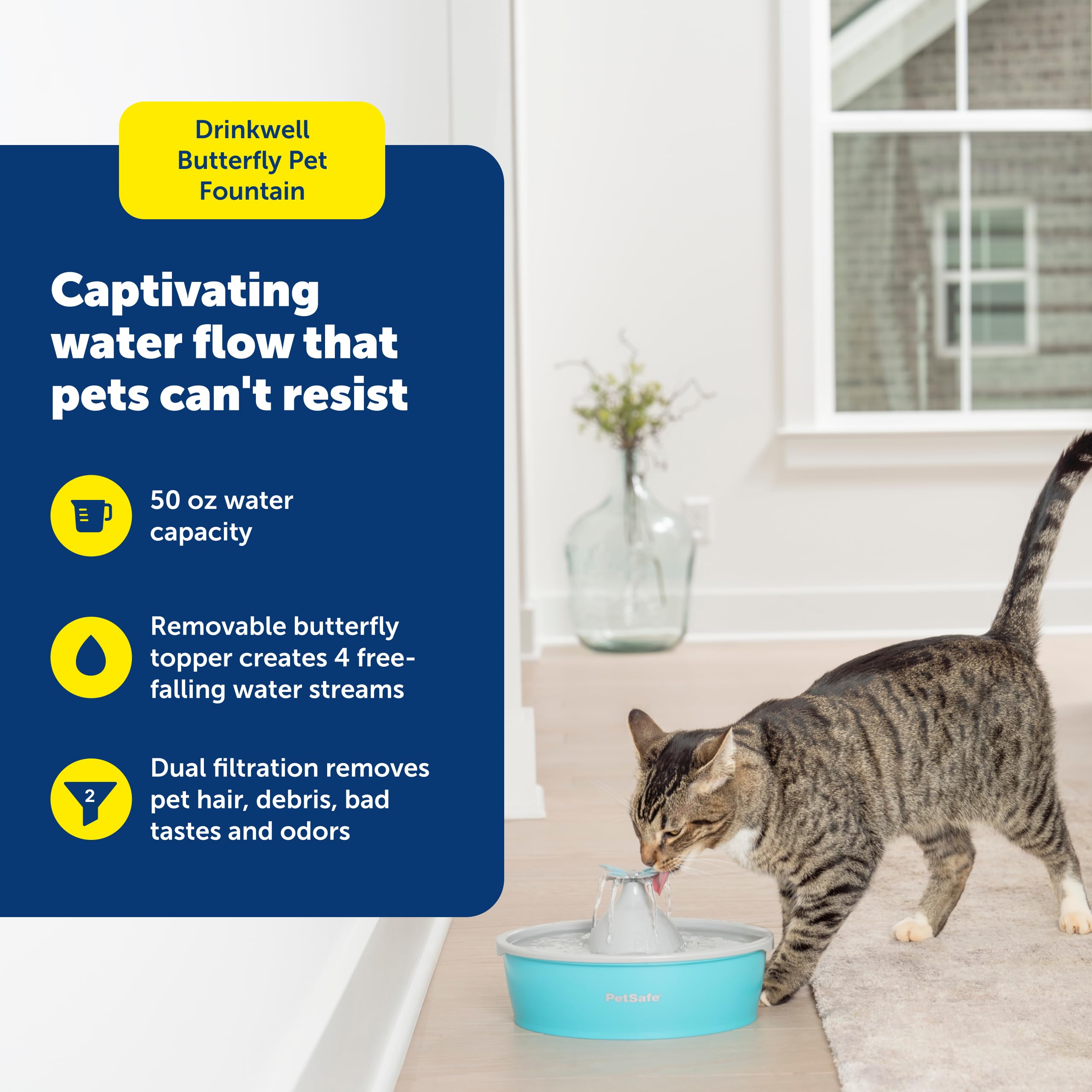PetSafe Fuente de Agua para Gatos Mariposa con Bomba y filtros, Bonito dispensador de Agua con Capacidad de 50 onzas, Bomba y filtros Mantienen el Agua Limpia y Fresca, el Filtro Contiene 2 Veces más