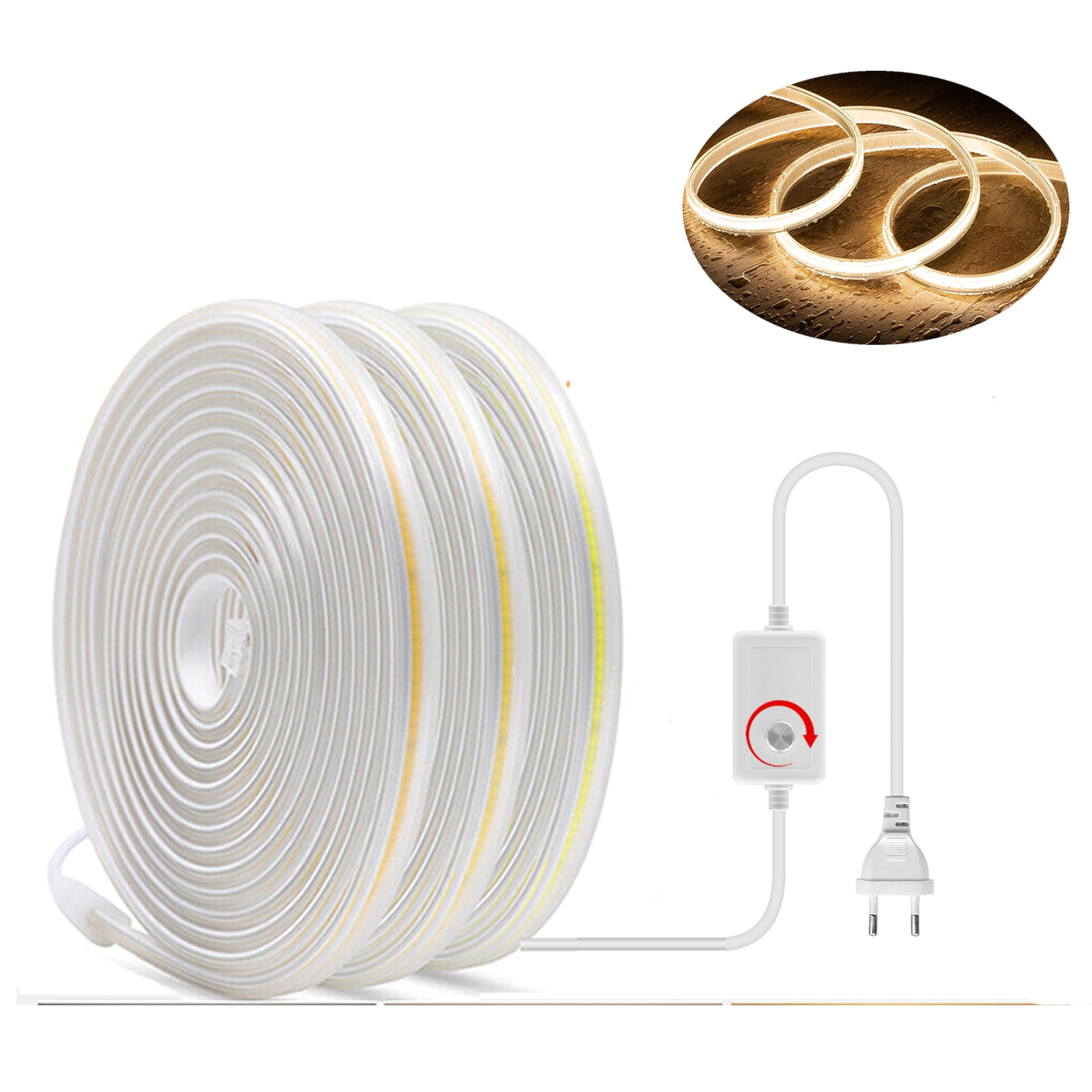LED COB Strip Streifen (Teilmöglichkeit aller 10 cm) + IP20 Netzkabel mit Eurostecker. (10 Meter, Warmweiß, 240LEDs/M, mit Dimmer)