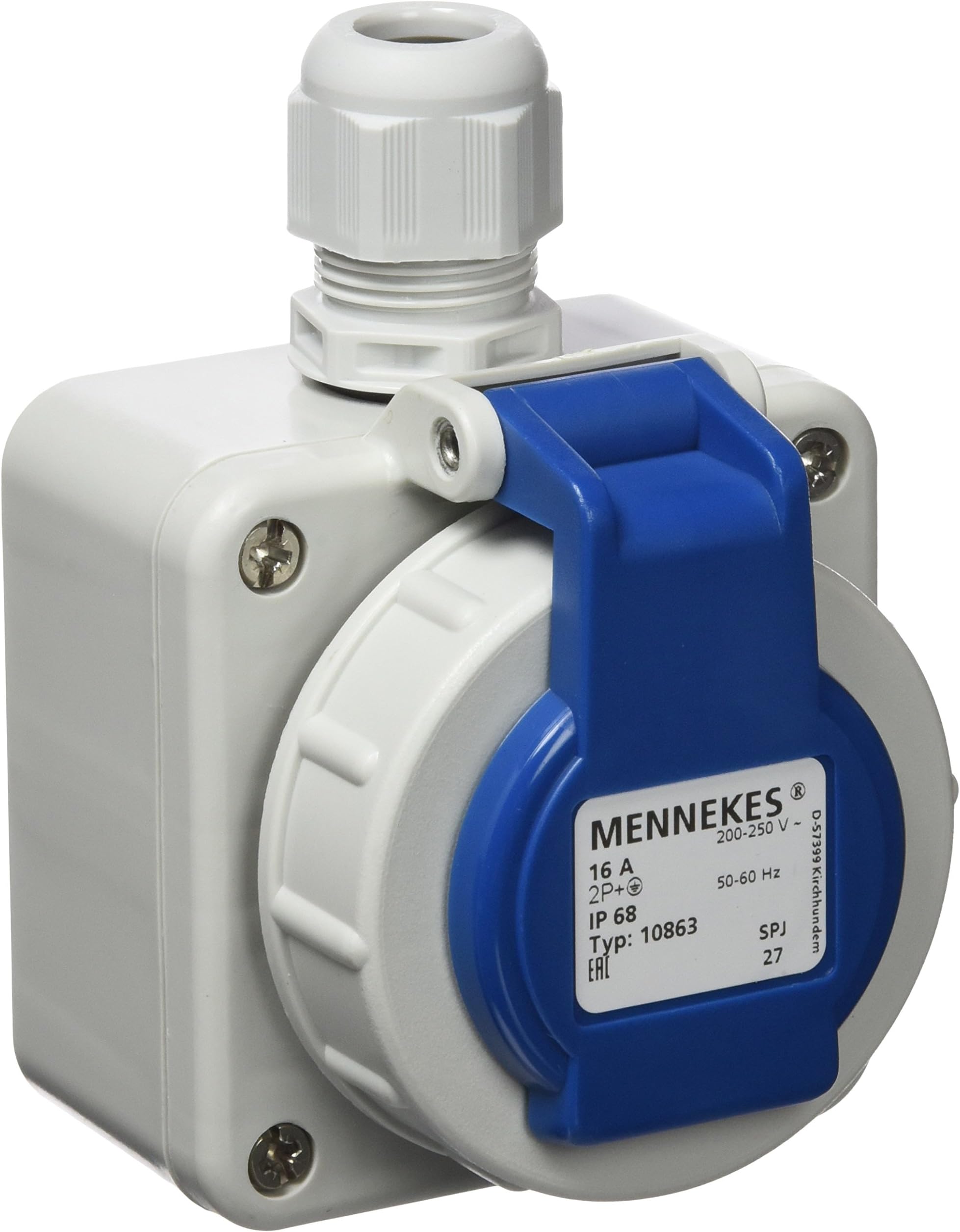 Mennekes AM 10863 Wall Socket Schuko 16 A 230 V IP68 Bayonet Cover Blue Hinged Screw Contact