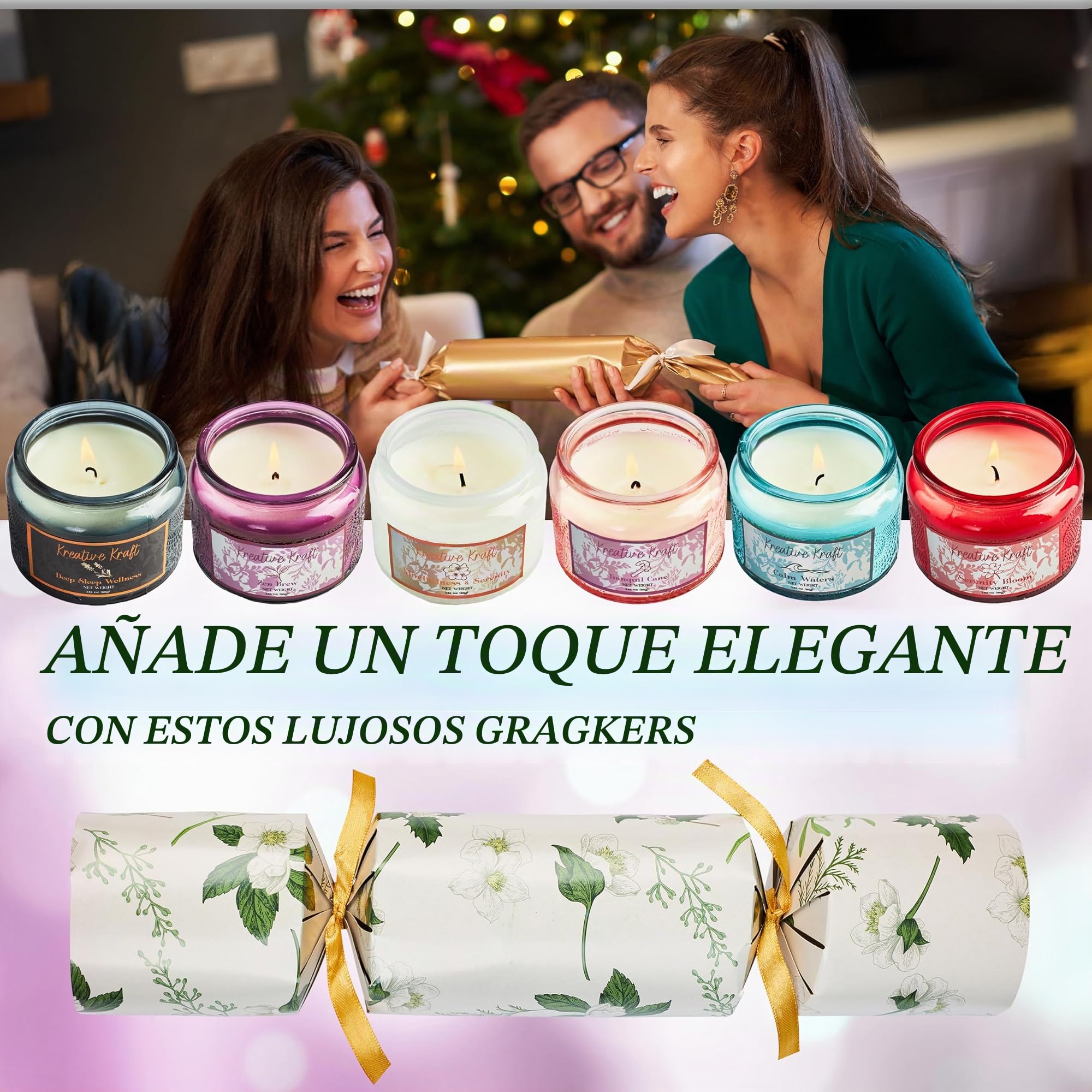 KreativeKraft Crackers de Navidad sin Explosión, Set de 6 con Velas Aromáticas en Tarro, Detalles Navideños Originales para Mesa, Decoración (Multi Velas)