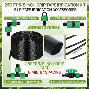 250 ft 5/8 Inch Drip Tape Irrigation Kit Drip Tape 8 Mil 8 Spacing Hose Garden Watering Tubing System Automatic Irrigation Equipment for Plant, Landscape, Yard, Lawn and Farm